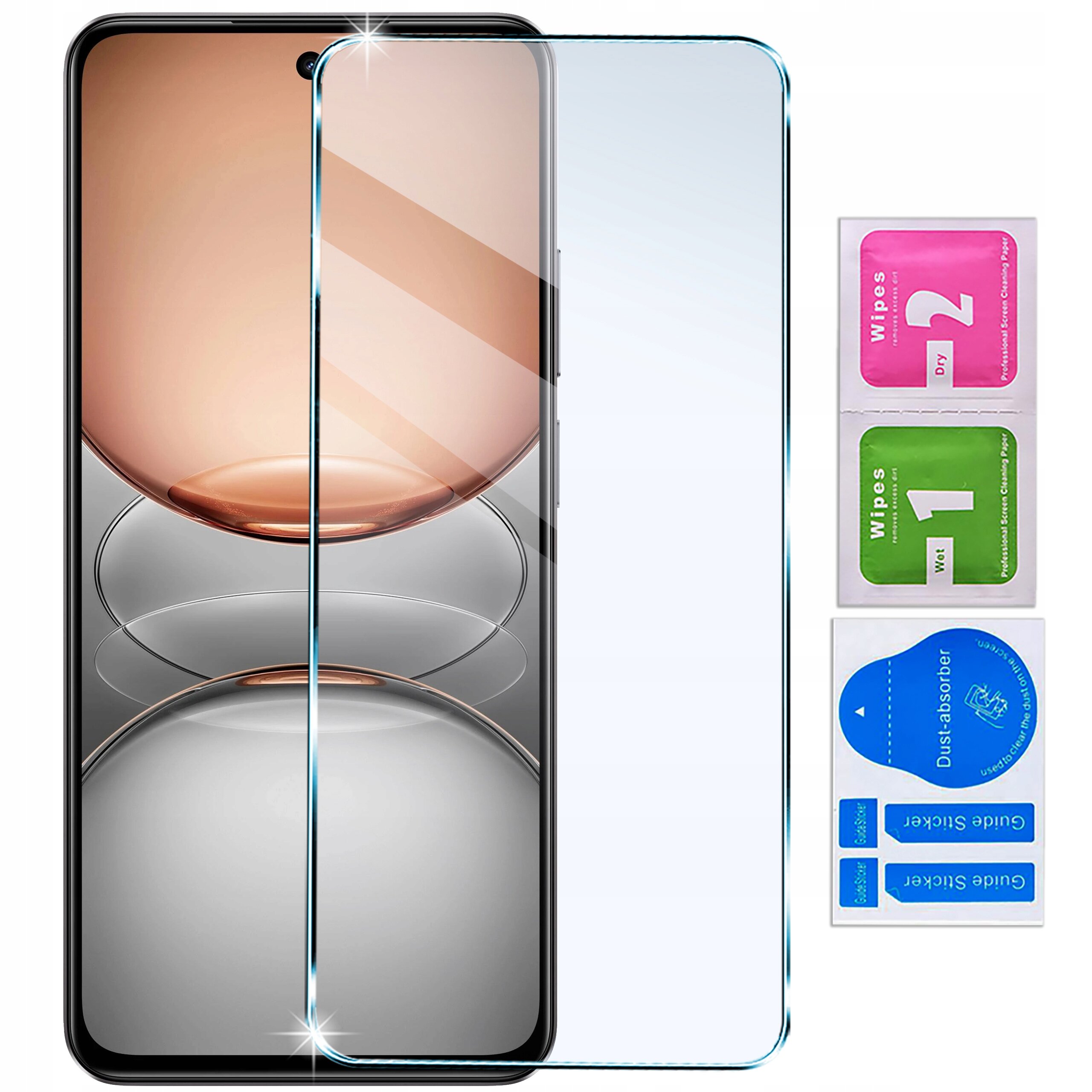 Obraz przedstawia telefon z nałożonym szkłem ochronnym, obok znajdują się trzy saszetki z napisami: \'Wipes 1 Wet\', \'Wipes 2 Dry\' oraz \'Dust absorber\'.