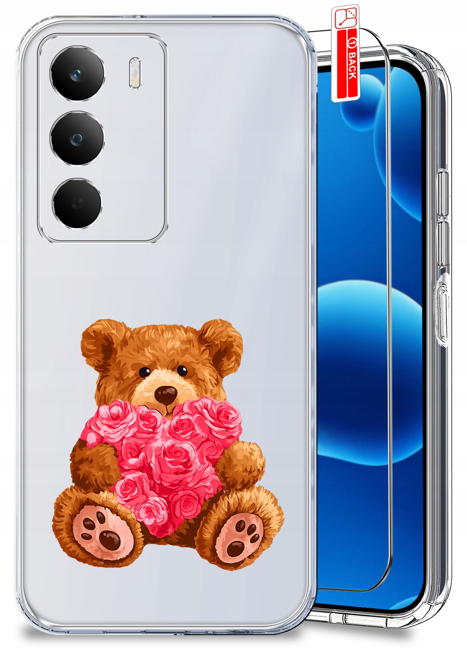 Przezroczyste etui na telefon z nadrukiem misia trzymającego różowe serce z róż. Obok etui znajduje się szkło ochronne z napisem \'BACK\'.