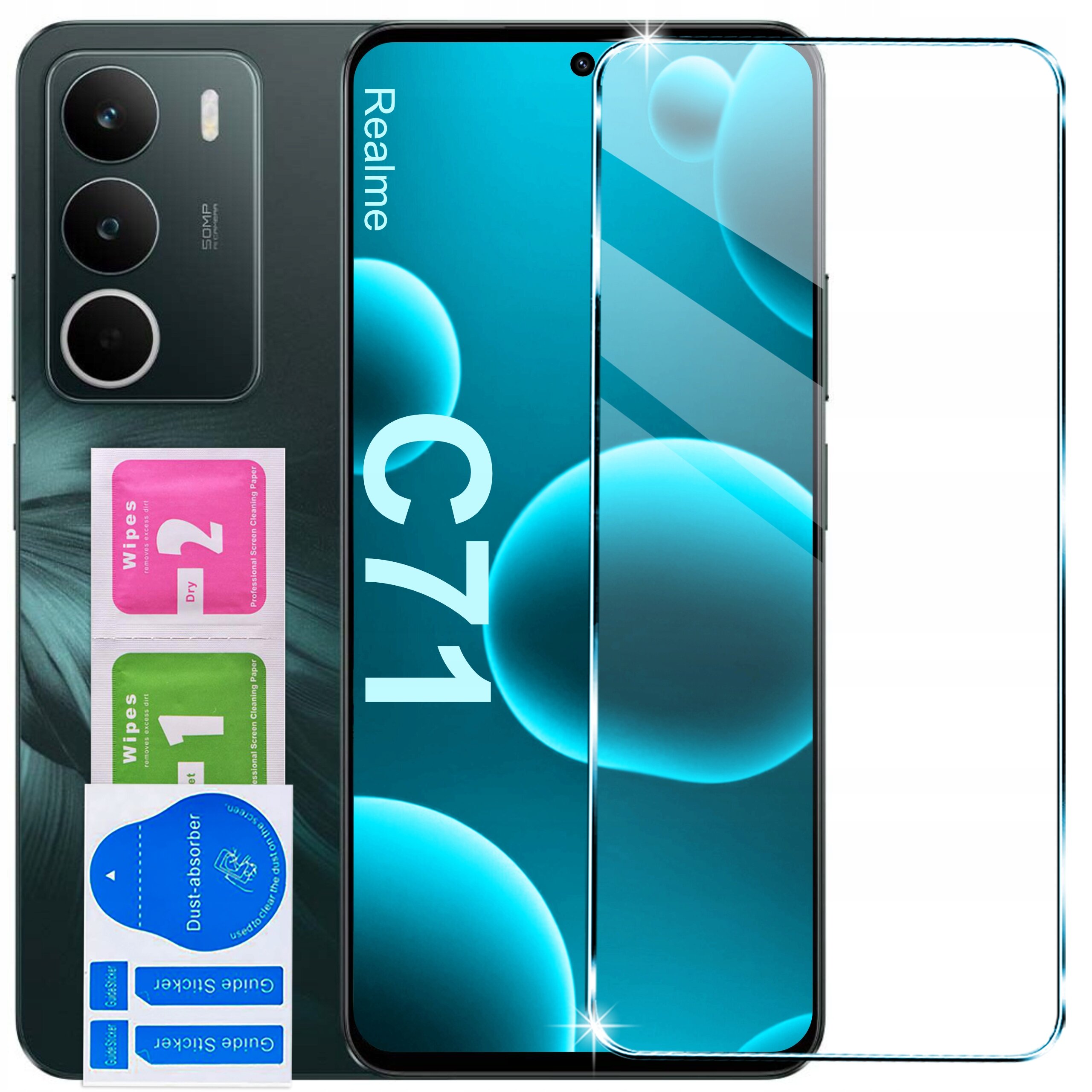 Na obrazie widoczny jest telefon Realme C71 z przezroczystym etui i szkłem ochronnym. Obok znajdują się kolorowe ściereczki do czyszczenia oznaczone jako \'Wipes 1\' i \'Wipes 2\' oraz naklejki \'Dust-Absorber\' i \'Guide Sticker\'.