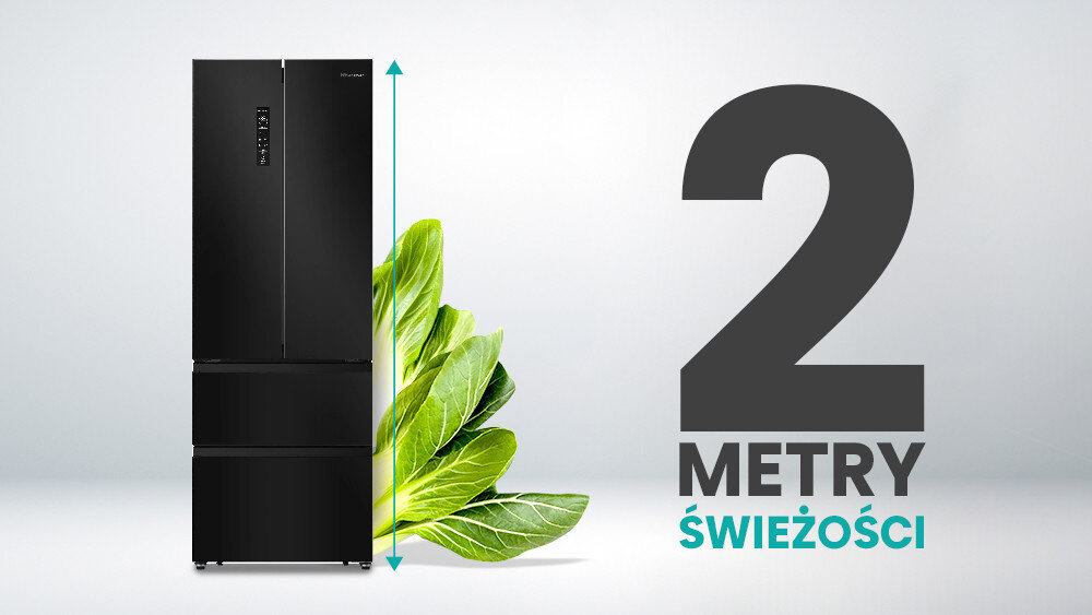 Czarna lodówka z trzema sekcjami stoi obok zielonych liści. Obok widoczny jest napis \'2 METRY ŚWIEŻOŚCI\'.