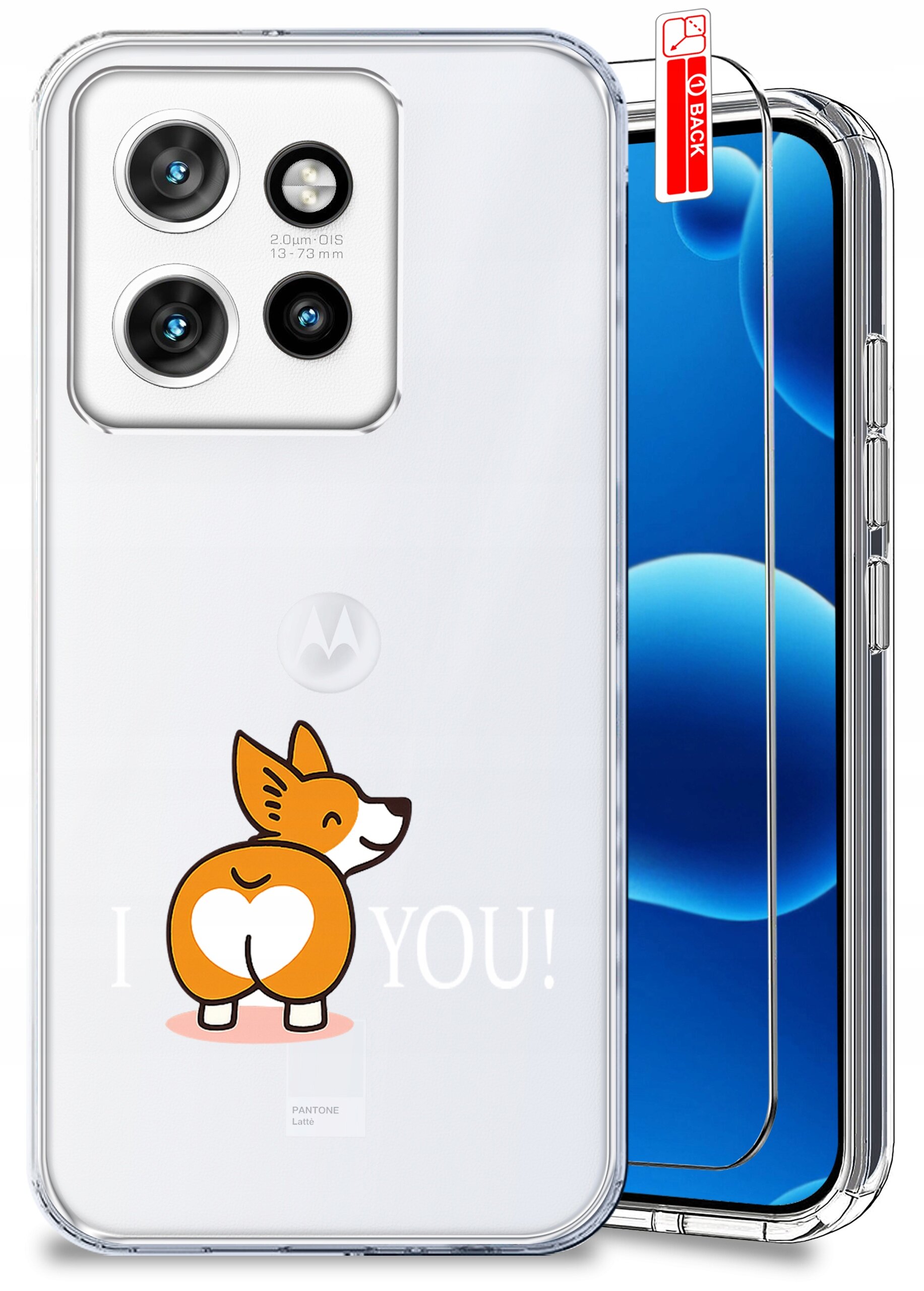 Etui na telefon z przezroczystego materiału z nadrukiem psa i napisem \'I ❤️ YOU!\'. Obok znajduje się szkło ochronne z czerwoną naklejką \'BACK\'.