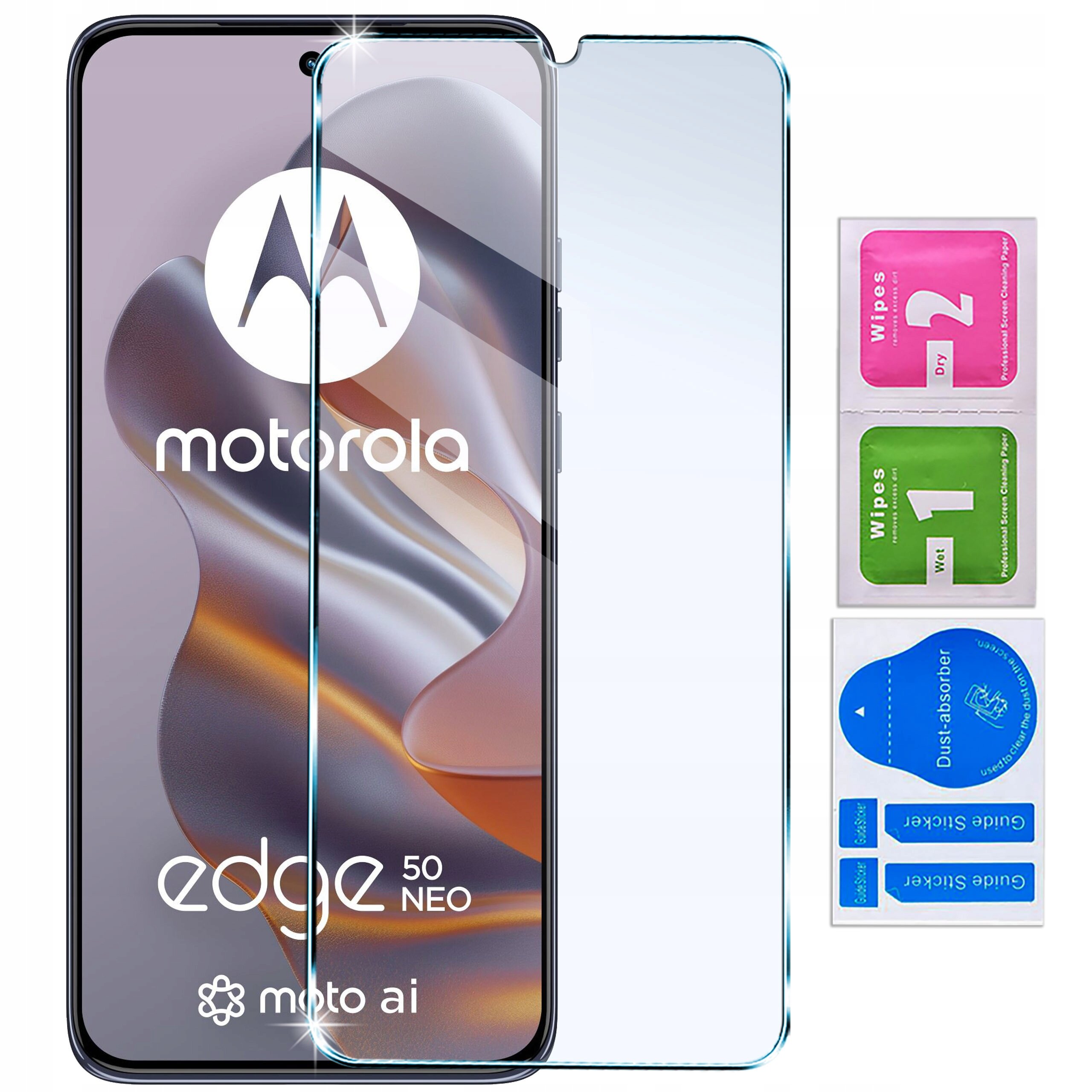 Na obrazie widoczny jest telefon Motorola Edge 50 Neo z nałożonym szkłem ochronnym. Obok znajdują się trzy saszetki z napisami: \'Wipes 2 Dry\', \'Wipes 1 Wet\' oraz \'Dust absorber\'.