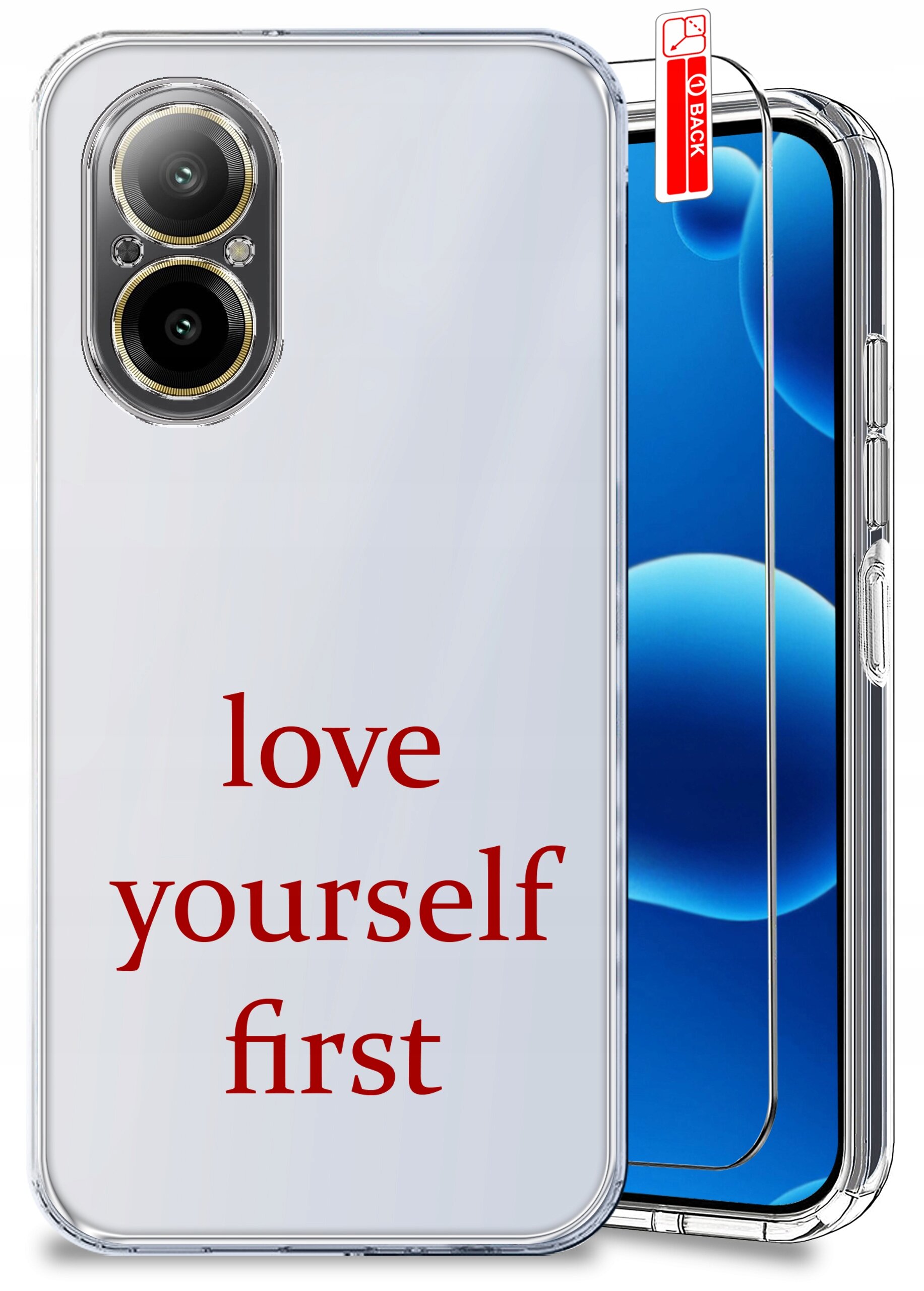 Przezroczyste etui na telefon z napisem \'love yourself first\' w czerwonym kolorze. Obok znajduje się szkło ochronne z oznaczeniem \'BACK\'.