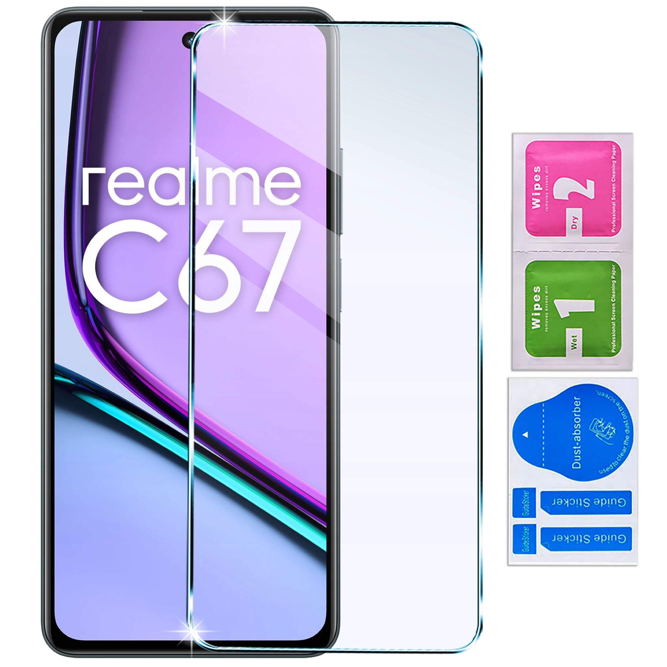 Na obrazie widoczny jest telefon z napisem \'realme C67\' oraz szkło ochronne na ekran. Obok znajdują się trzy saszetki z napisami: \'Wipes 1 Wet\', \'Wipes 2 Dry\' oraz \'Dust absorber\'.