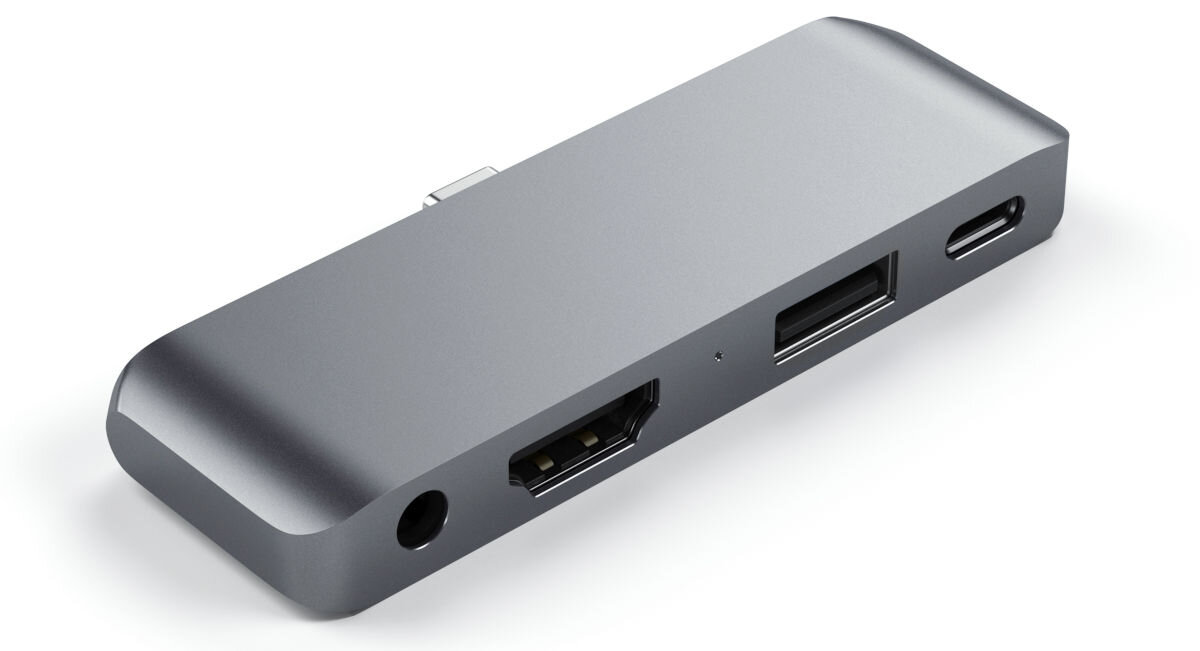 Szary hub USB typu C z kilkoma portami, w tym HDMI, USB-A i USB-C. Produkt ma gładką, metaliczną powierzchnię.