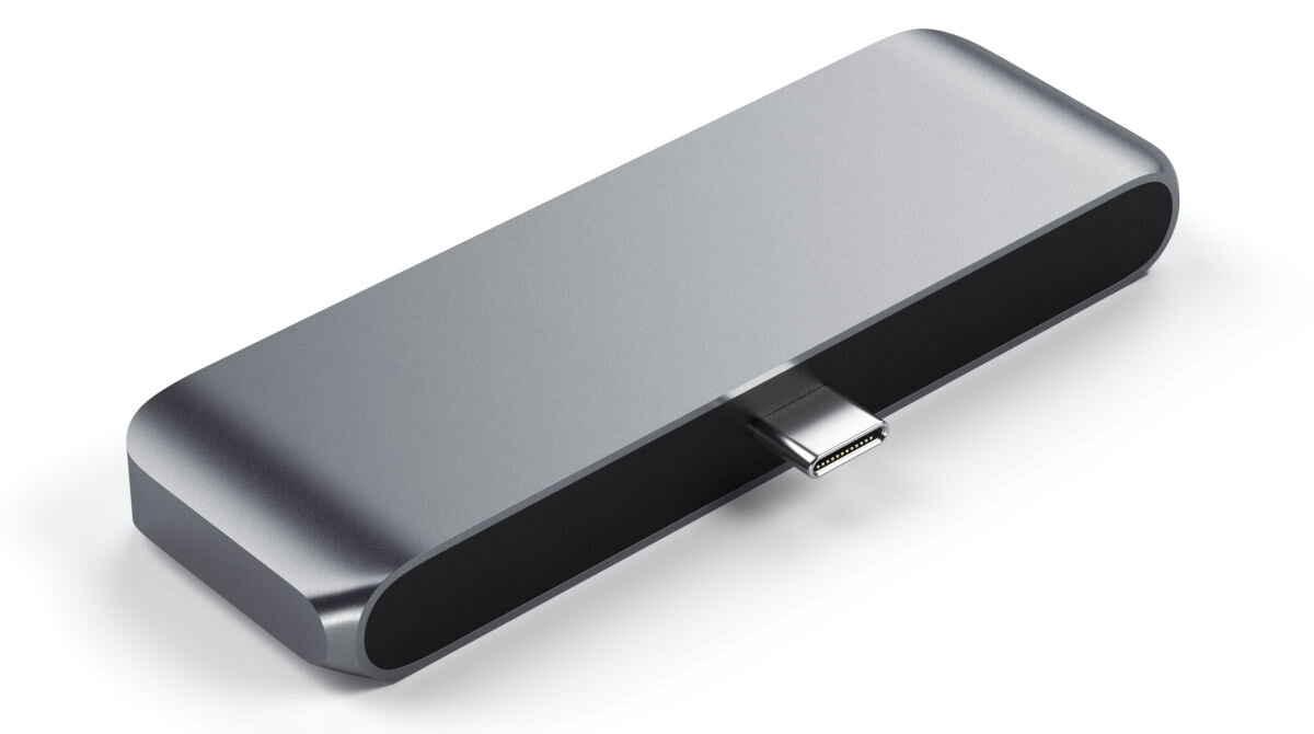 Szary hub USB typu C o prostokątnym kształcie z zaokrąglonymi krawędziami. Posiada jedno złącze USB typu C wystające z boku.
