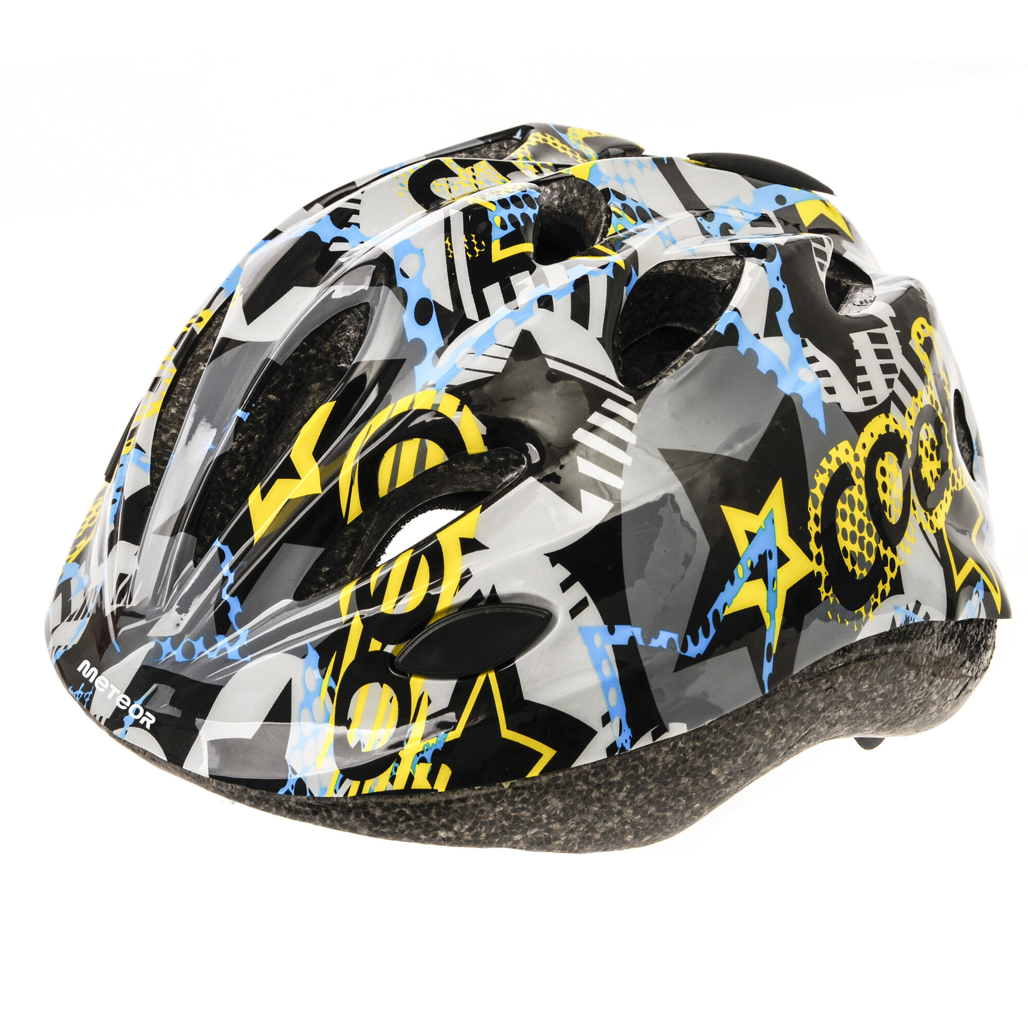 Kask rowerowy z kolorowym wzorem w gwiazdy i napisy, z widocznym logo \'meteor\'.