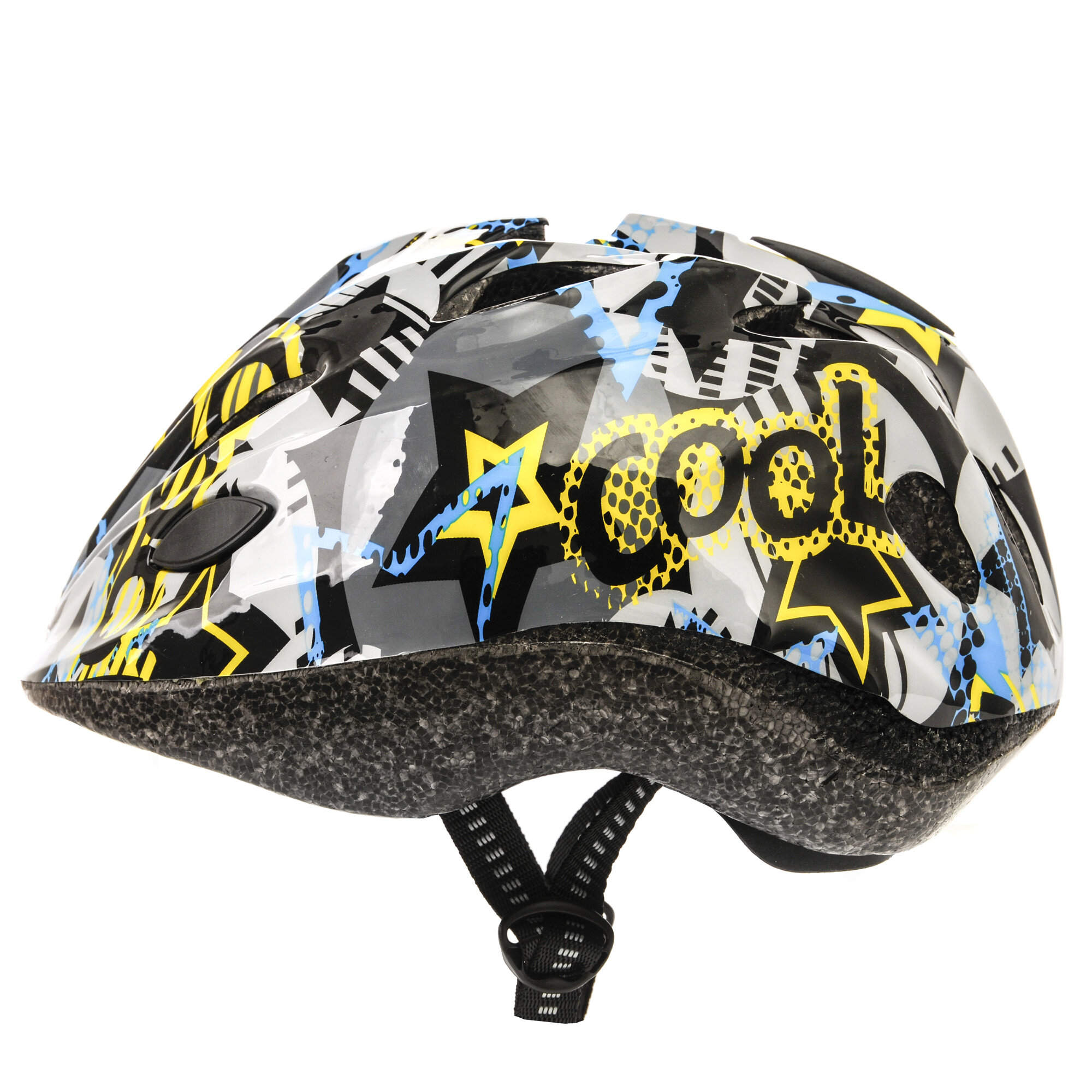 Kask rowerowy z kolorowym wzorem w gwiazdy i napis \'cool\'. Posiada regulowane paski i otwory wentylacyjne.
