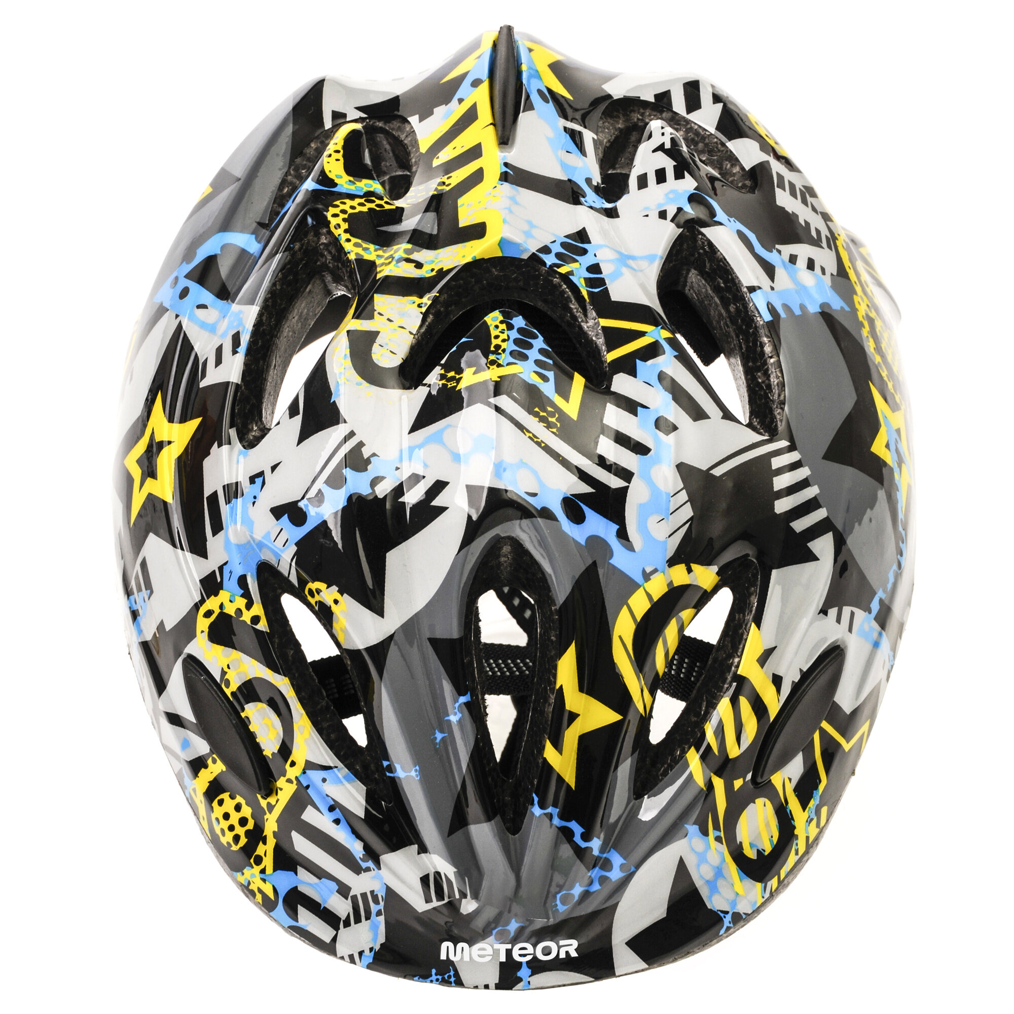 Kask rowerowy z kolorowym wzorem w odcieniach czerni, żółci i niebieskiego, z widocznymi otworami wentylacyjnymi. Na dole widoczne jest logo \'meteor\'.