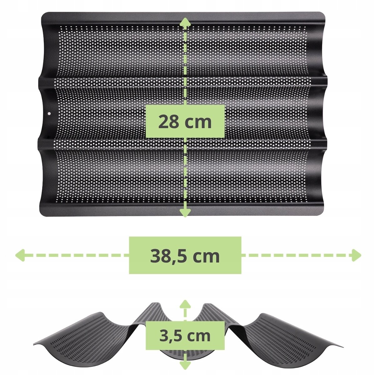 Na obrazie widoczna jest perforowana forma do pieczenia bagietek z trzema wgłębieniami. Wymiary formy to 28 cm wysokości, 38,5 cm szerokości i 3,5 cm głębokości, przedstawione na zielonym tle.