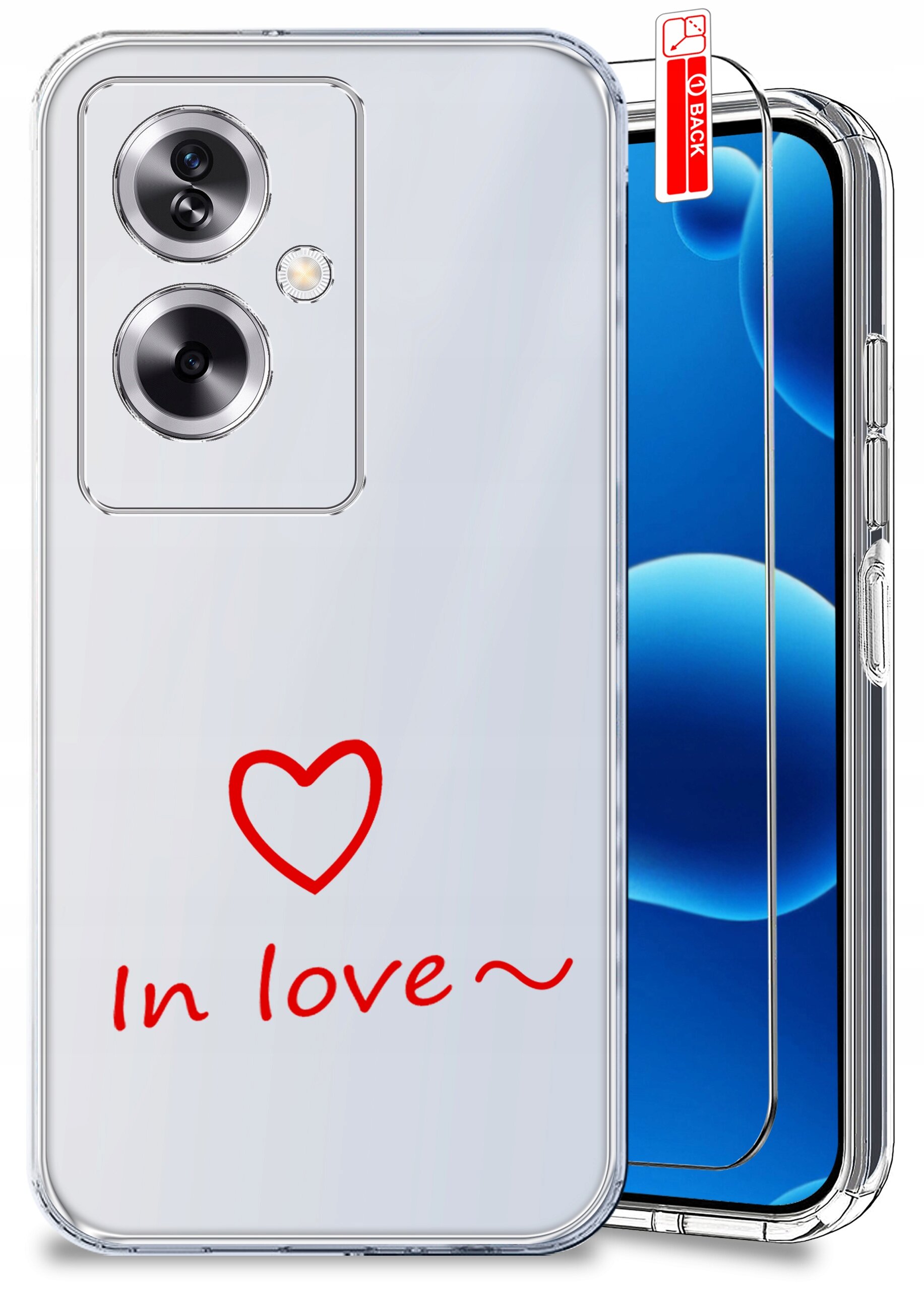Przezroczyste etui na telefon z czerwonym napisem \'In love~\' i sercem. Obok znajduje się szkło ochronne z oznaczeniem \'BACK\'.