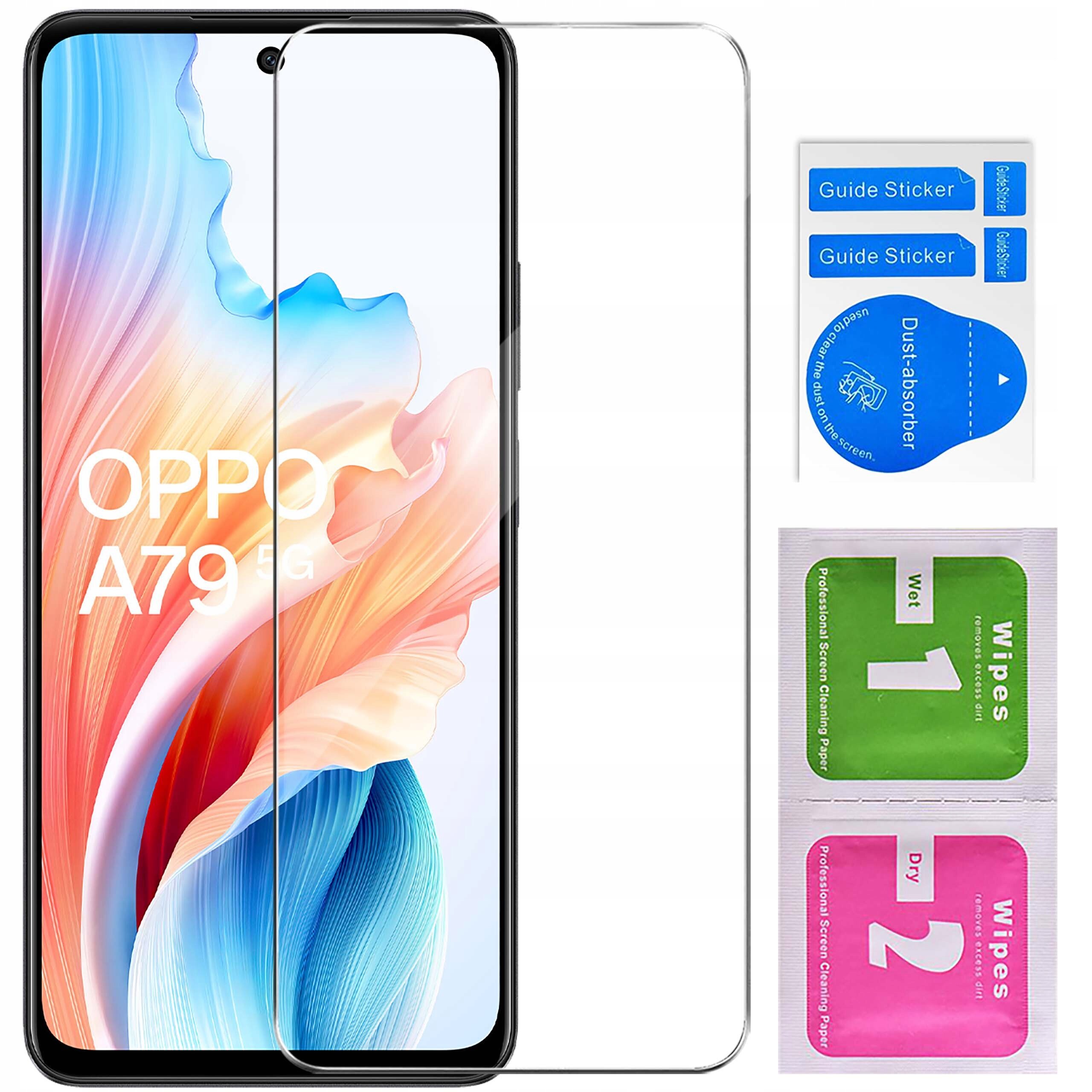 Na obrazie widoczny jest telefon z napisem \'OPPO A79 5G\' oraz przezroczyste szkło ochronne. Obok znajdują się naklejki \'Guide Sticker\', \'Dust-absorber\' oraz chusteczki do czyszczenia ekranu oznaczone jako \'Wet 1\' i \'Dry 2\'.