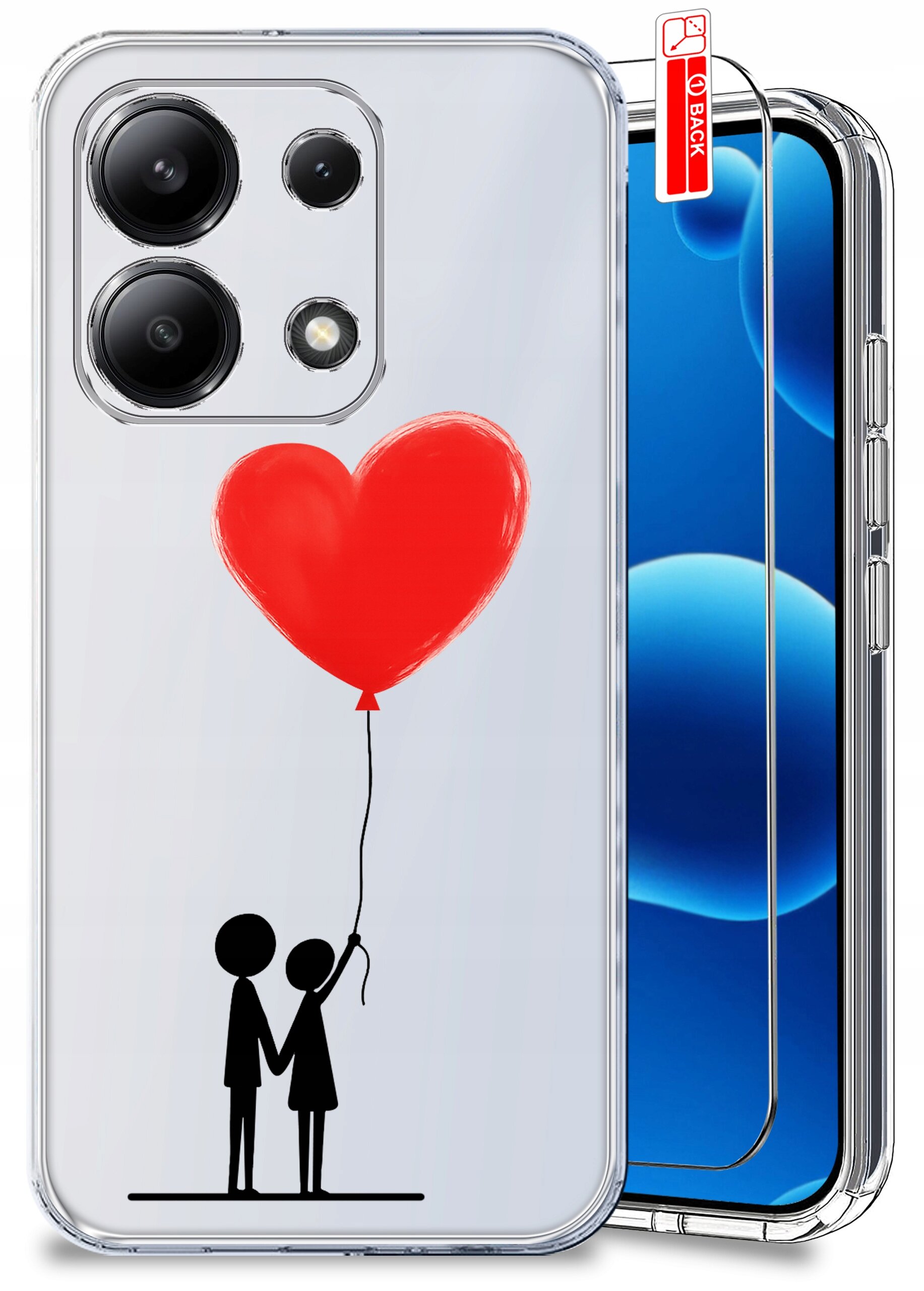 Przezroczyste etui na telefon z grafiką przedstawiającą dwie postacie trzymające czerwony balon w kształcie serca. Obok etui znajduje się szkło ochronne z oznaczeniem \'BACK\'.