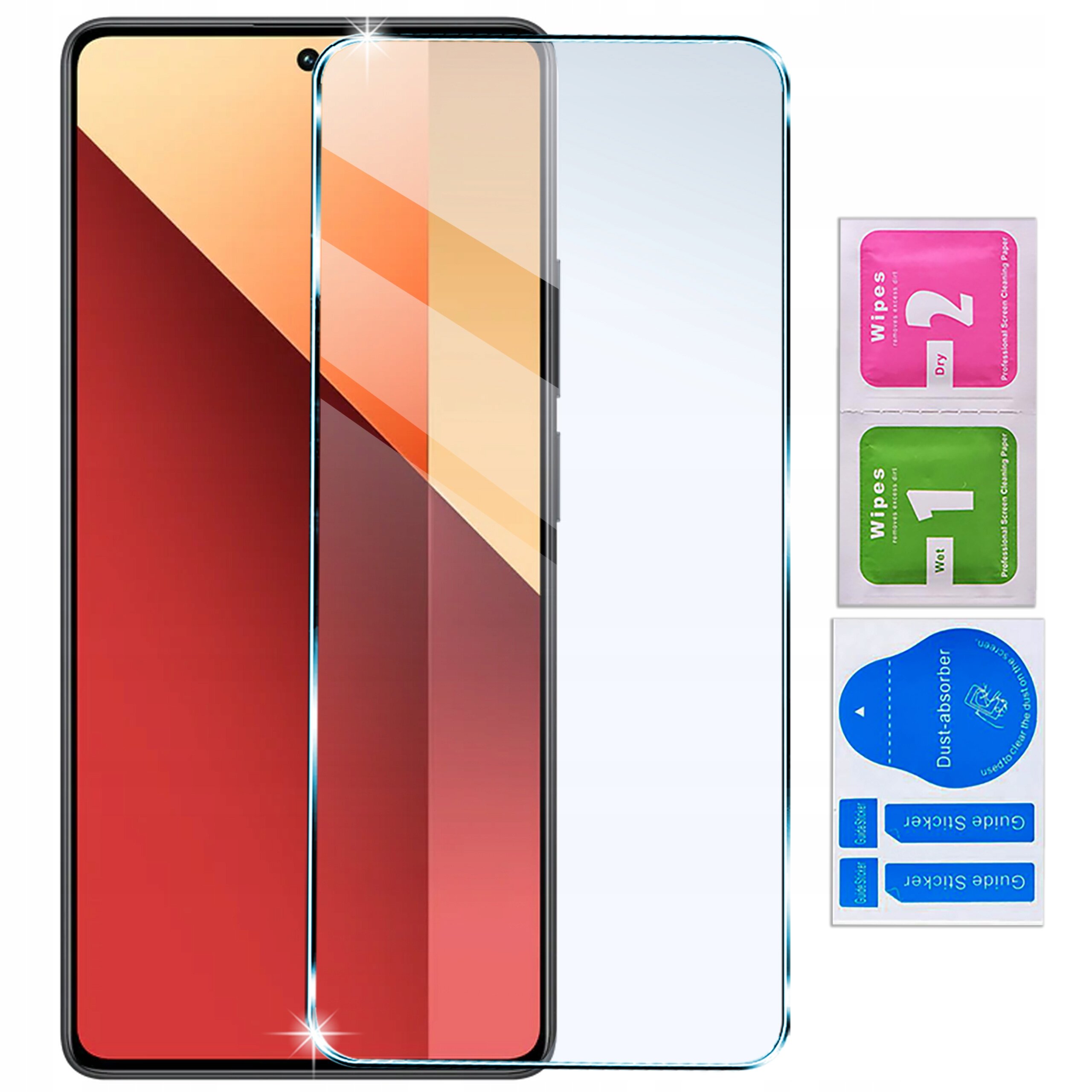 Na obrazie widoczny jest telefon z nałożonym przezroczystym szkłem ochronnym. Obok znajdują się trzy saszetki z napisami: \'Wipes 2 Dry\', \'Wipes 1 Wet\' oraz \'Dust absorber\'.