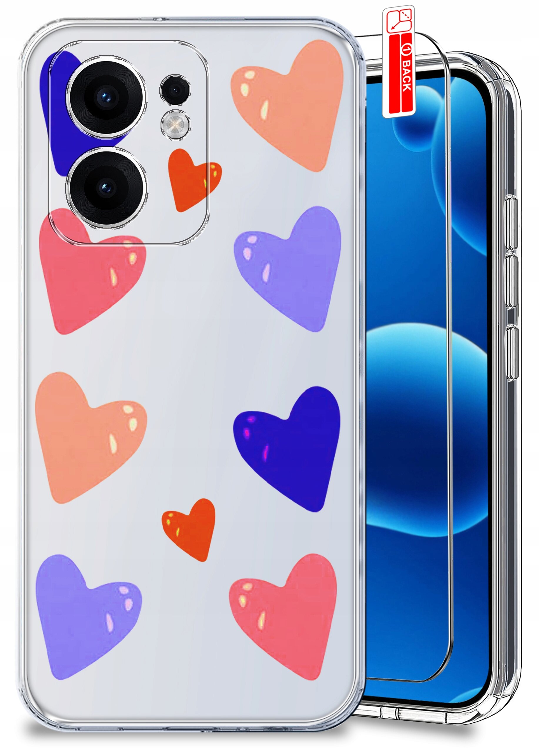 Etui na telefon z przezroczystego materiału ozdobione kolorowymi sercami w odcieniach fioletu, różu i pomarańczu. Obok etui znajduje się szkło ochronne z etykietą \'BACK\'.