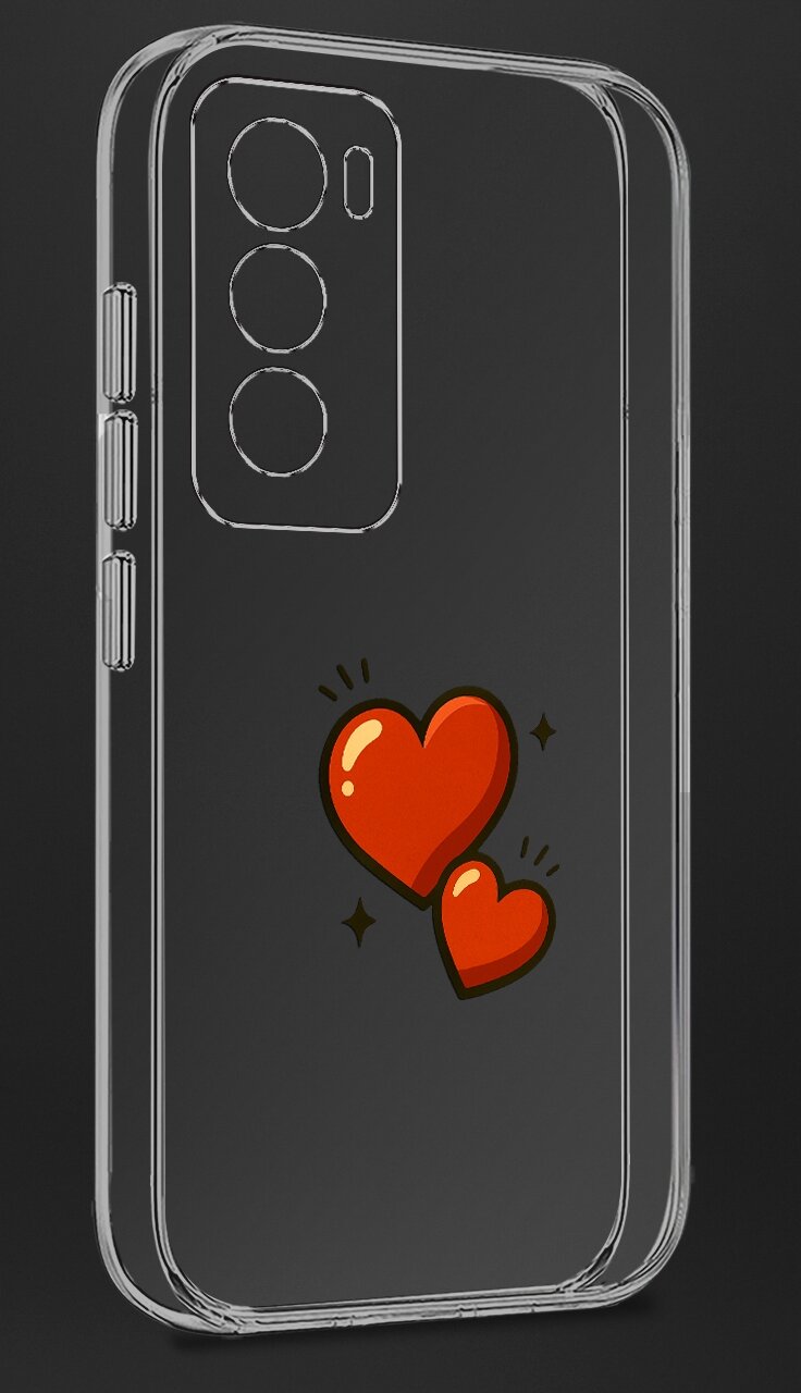 Przezroczyste etui na telefon z trzema wycięciami na aparaty i przyciski po boku, ozdobione dwoma czerwonymi sercami z czarnymi konturami.