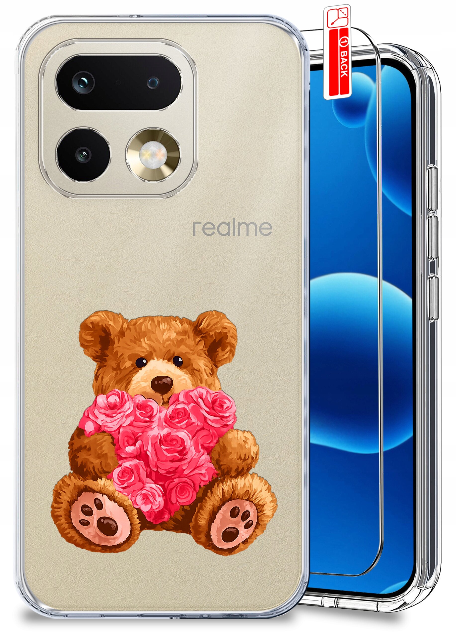 Etui na telefon z przezroczystego materiału z nadrukiem misia trzymającego różowe róże. Obok etui znajduje się szkło ochronne z oznaczeniem \'BACK\'.