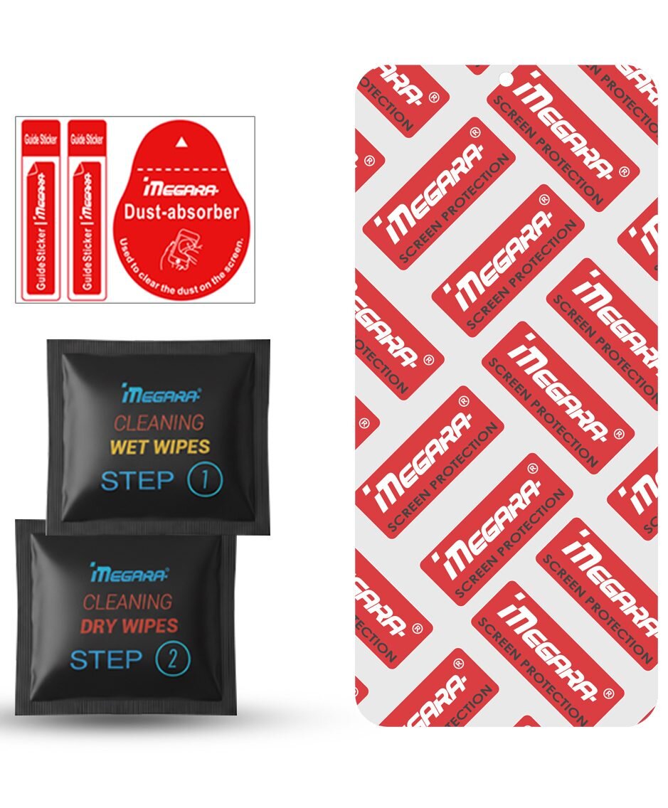 Na obrazie widoczna jest folia ochronna z logo \'MEGARA SCREEN PROTECTION\', dwa czarne opakowania z napisami \'MEGARA CLEANING WET WIPES STEP 1\' i \'MEGARA CLEANING DRY WIPES STEP 2\', oraz czerwone naklejki z napisami \'Guide Sticker\' i \'Dust-absorber\'.