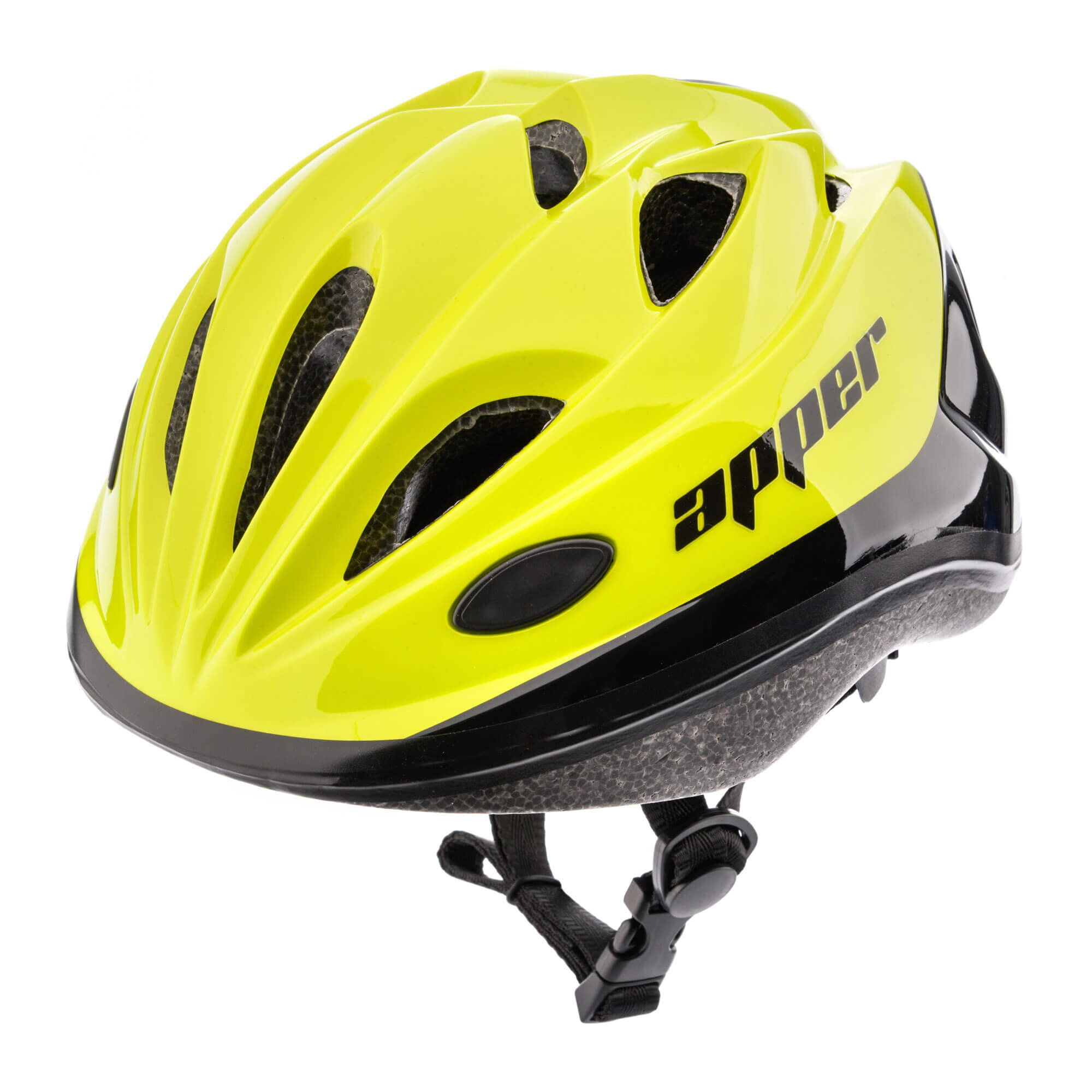 Żółty kask rowerowy z czarnymi elementami i napisem \'apper\' na boku. Kask posiada otwory wentylacyjne i regulowane zapięcie pod brodą.