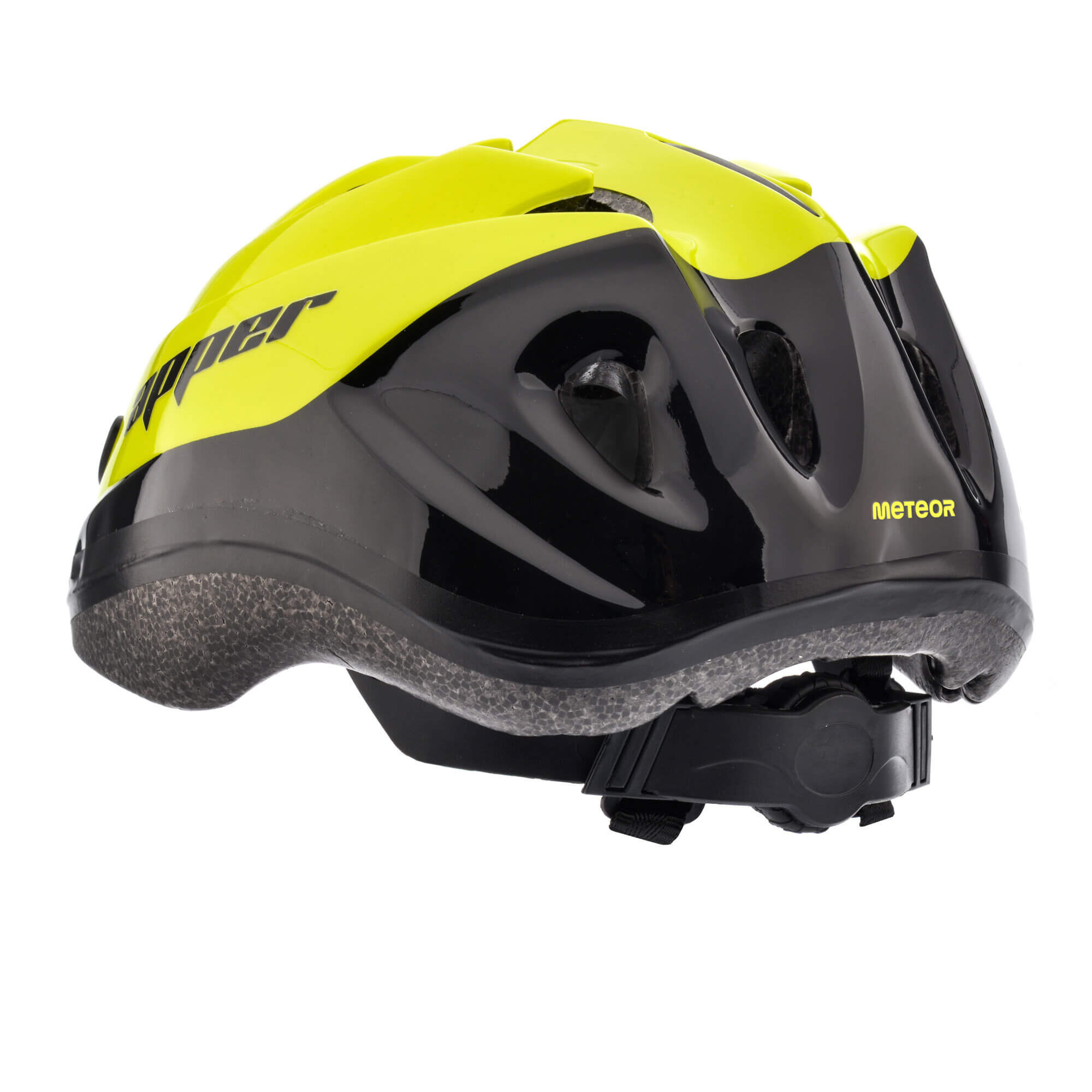 Kask rowerowy w kolorze czarno-żółtym z widocznymi otworami wentylacyjnymi. Na kasku znajdują się napisy \'Apper\' i \'METEOR\'.