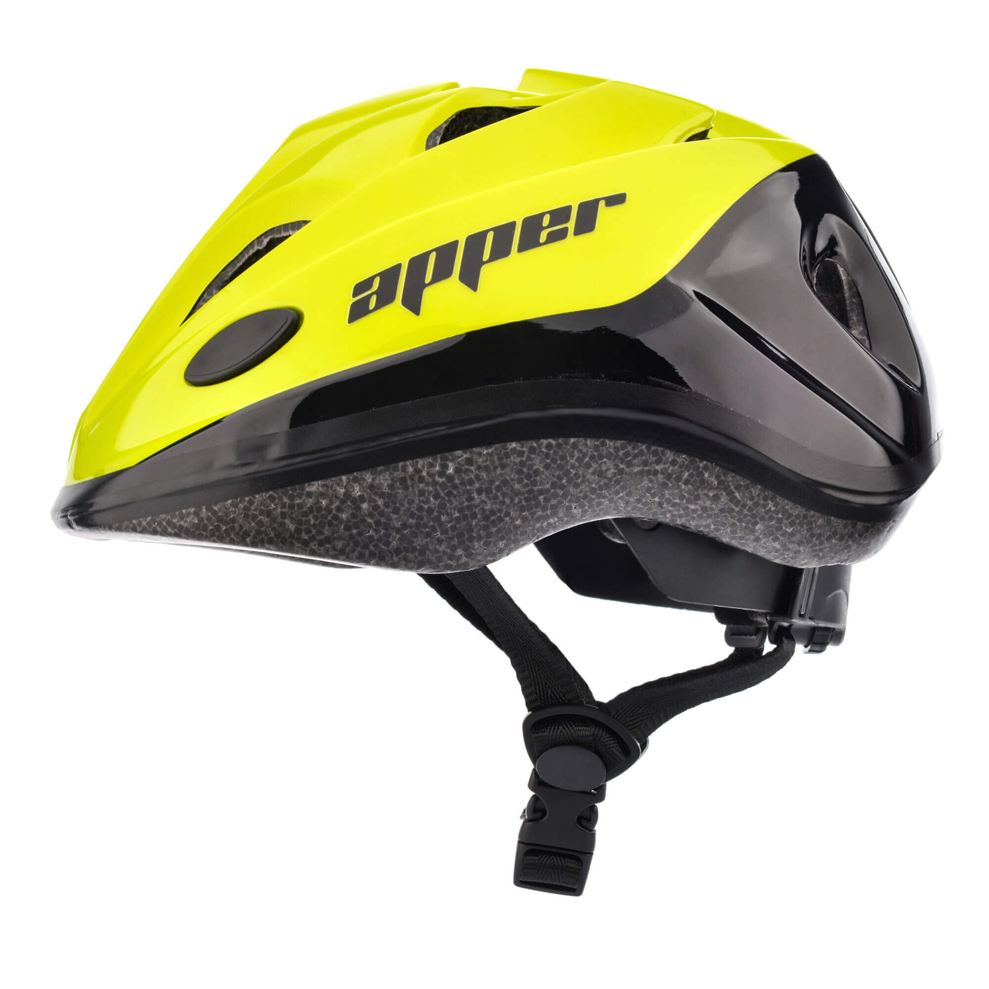 Kask rowerowy w kolorze żółtym z czarnymi elementami i napisem \'apper\'. Posiada regulowane zapięcie pod brodą.