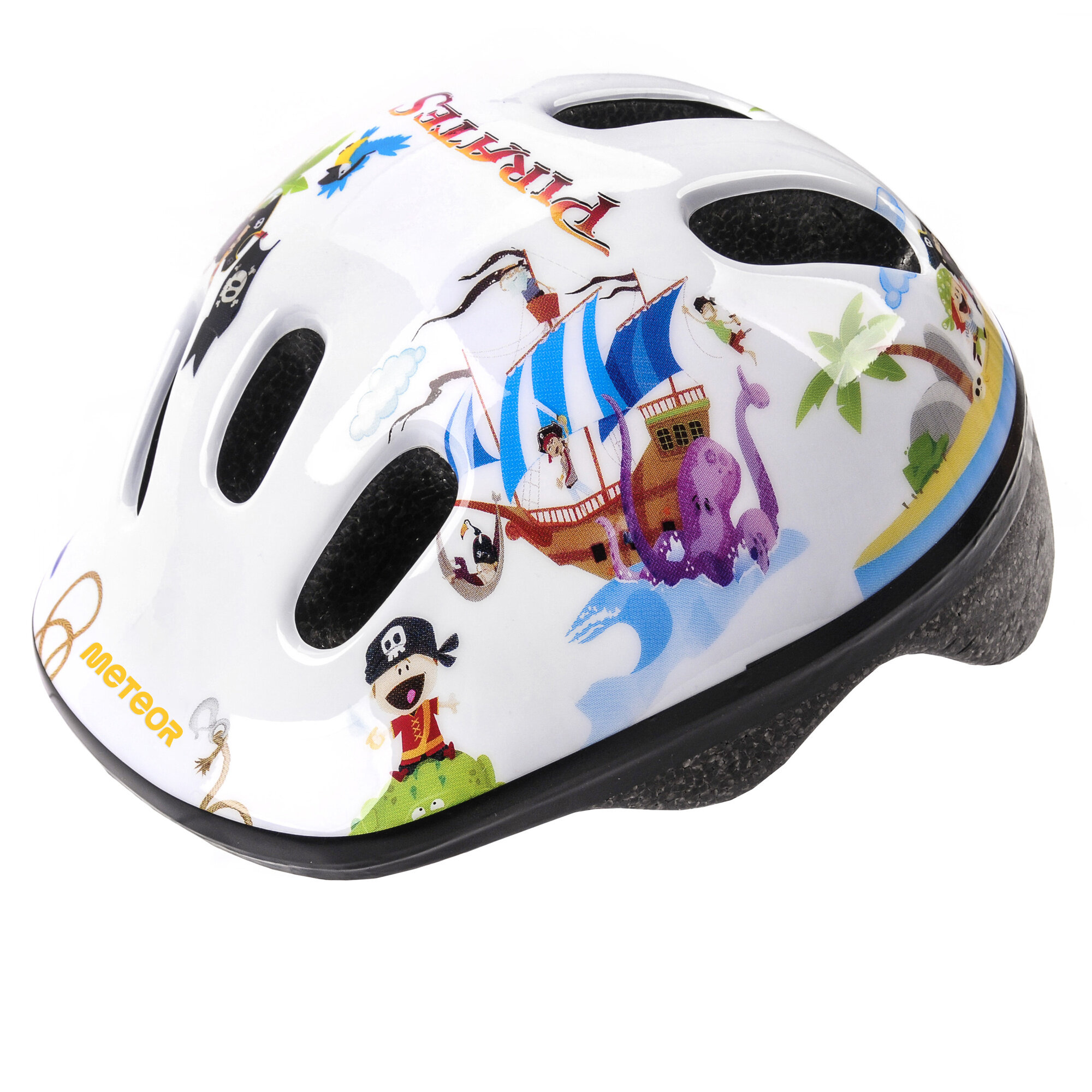 Biały kask rowerowy z kolorowymi grafikami przedstawiającymi piratów i statek, z widocznym logo \'meteor\'.
