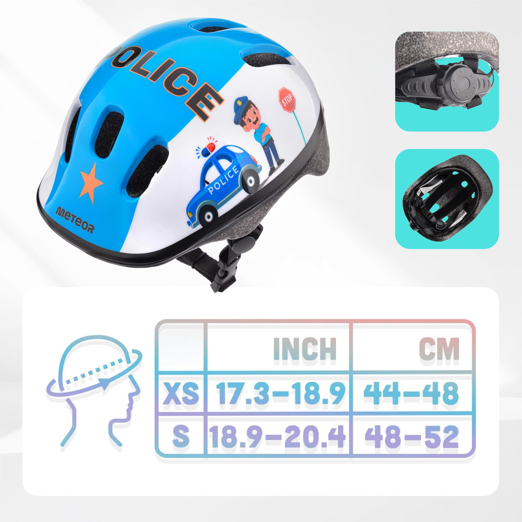 Kask rowerowy dziecięcy z grafiką policjanta i samochodu policyjnego, z napisem \'POLICE\' oraz logo \'meteor\'. Obok kasku znajduje się tabela rozmiarów z oznaczeniami XS (17.3-18.9 cali, 44-48 cm) i S (18.9-20.4 cali, 48-52 cm).