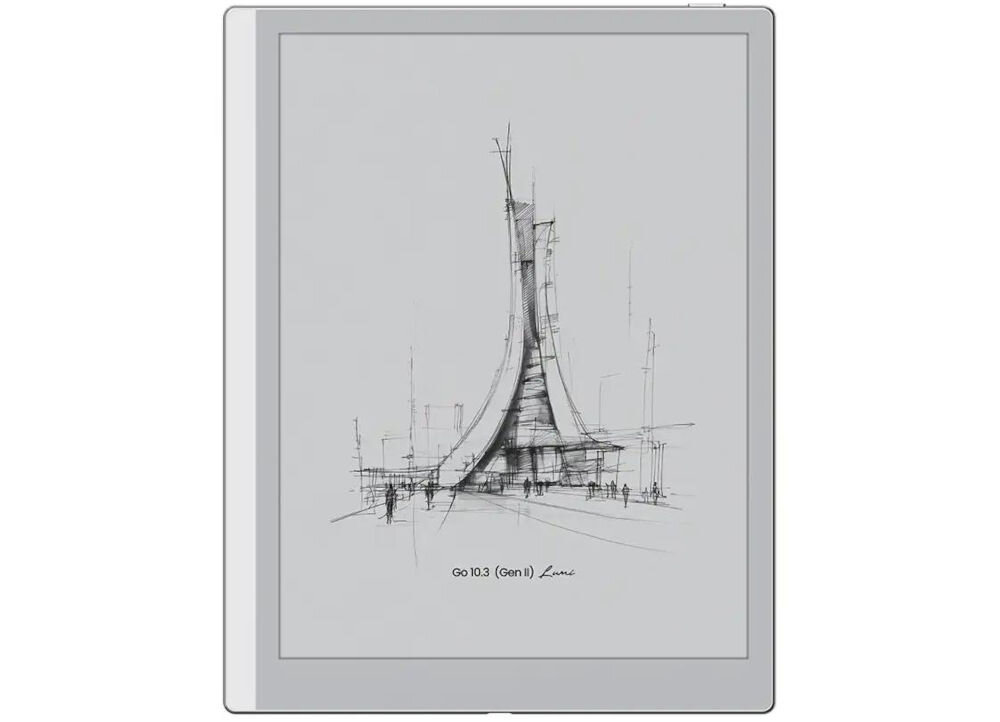Czytnik e-booków z wyświetlaczem przedstawiającym szkic architektoniczny wieży. Na dole ekranu widoczny jest tekst: \'Go 10.3 (Gen 2) Lumi\'.