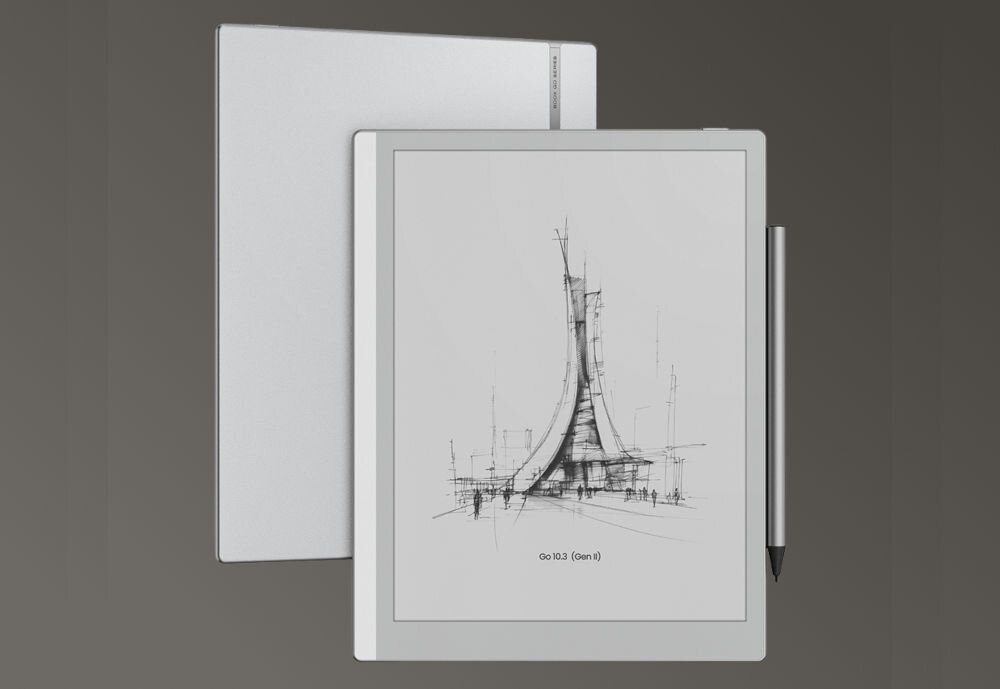 Na obrazie widoczny jest szary czytnik e-booków z rysunkiem architektonicznym na ekranie oraz tekstem \'Go 10.3 (Gen 2)\'. Obok urządzenia znajduje się rysik.