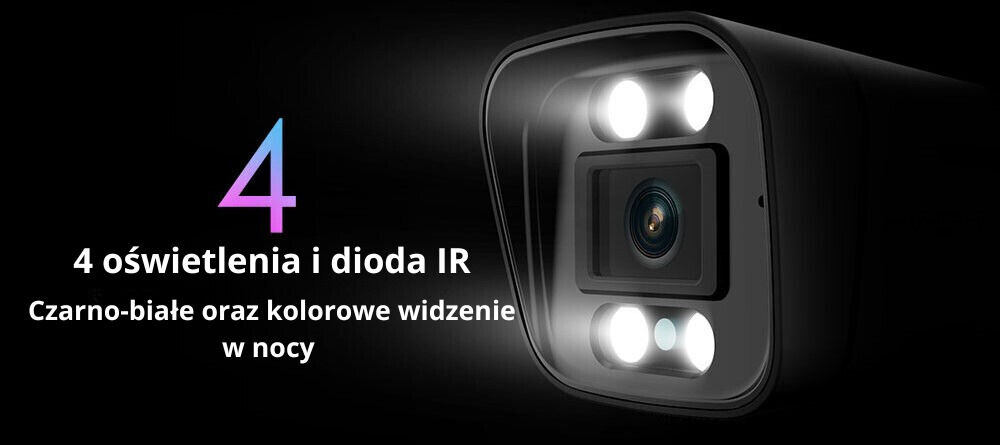 Obraz przedstawia kamerę zewnętrzną z czterema diodami oświetleniowymi i diodą IR. Tekst na obrazie: \'4 oświetlenia i dioda IR, Czarno-białe oraz kolorowe widzenie w nocy\'.