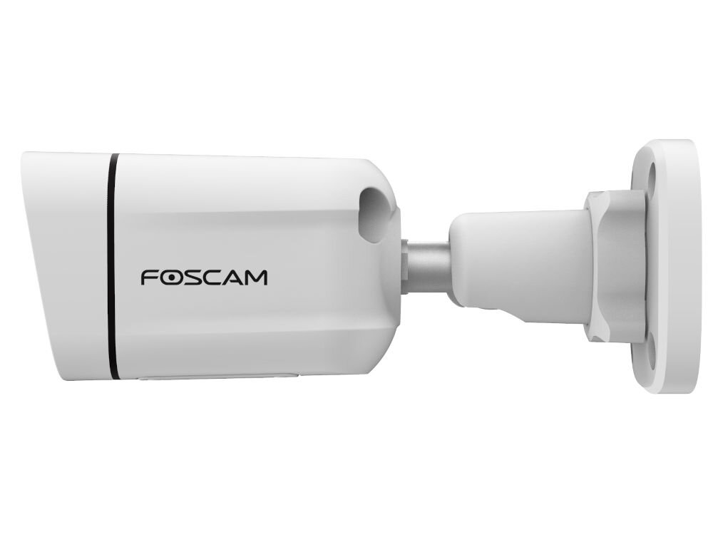 Biała kamera zewnętrzna z logo \'FOSCAM\' na obudowie, zamontowana na regulowanym uchwycie.