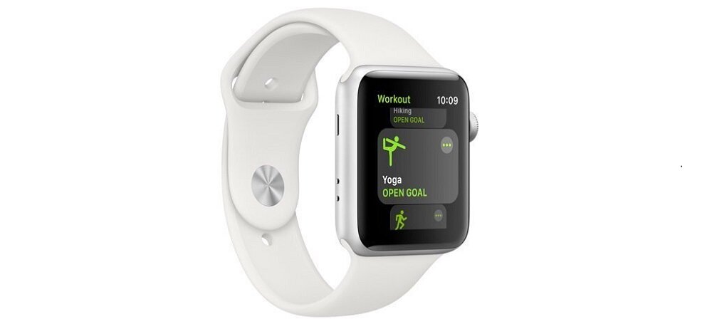 Smartwatch z białym paskiem i srebrną kopertą, na ekranie widoczne są aplikacje związane z aktywnością fizyczną, takie jak \'Workout\' i \'Yoga\'.