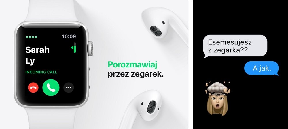 Na obrazie widoczny jest smartwatch z wyświetlaczem pokazującym połączenie przychodzące od \'Sarah Ly\' oraz tekst \'Porozmawiaj przez zegarek.\' Obok znajduje się ilustracja z dialogiem: \'Esemesujesz z zegarka??\' i odpowiedzią \'A jak.\'
