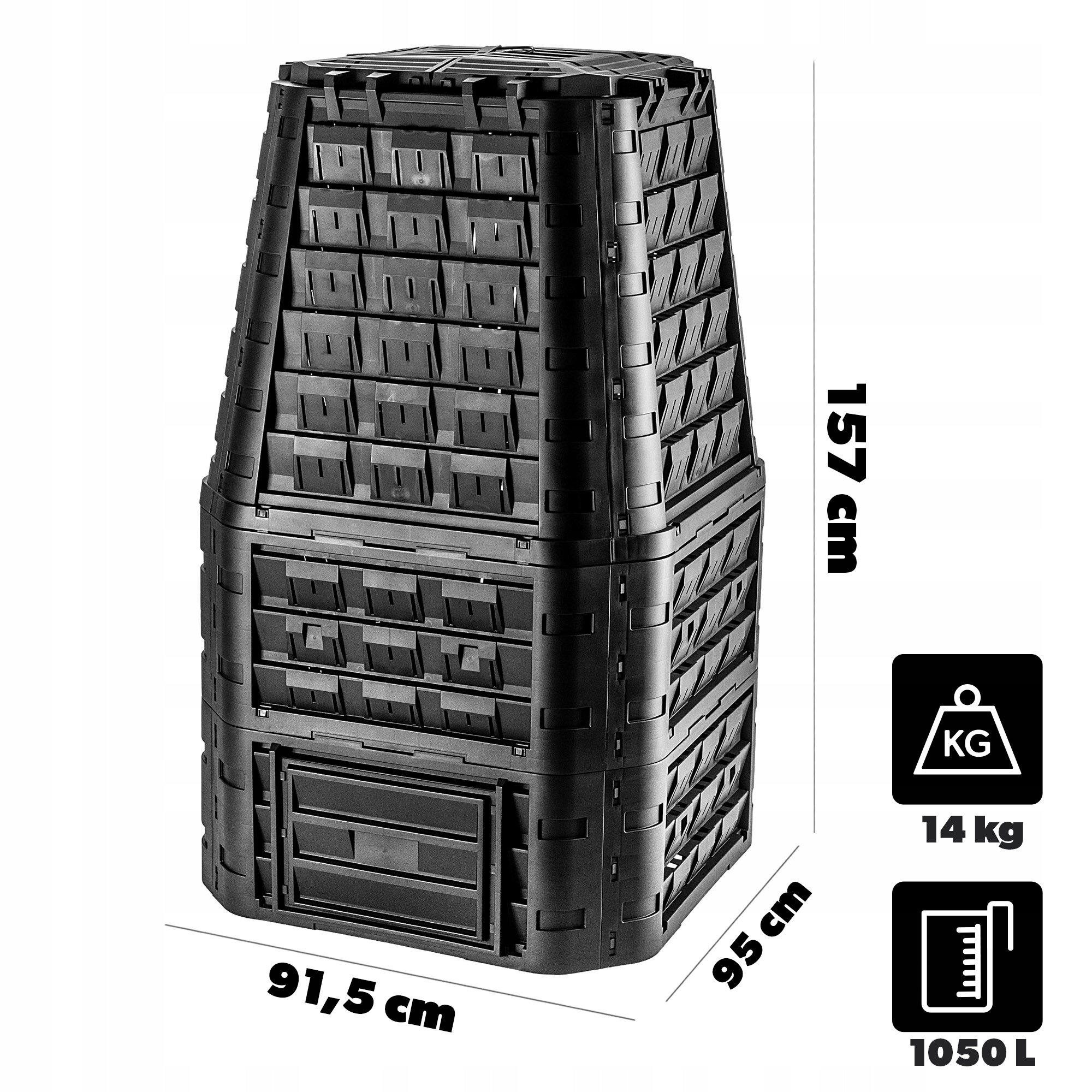 Czarny, modułowy kompostownik ogrodowy o wymiarach 157 cm wysokości, 91,5 cm szerokości i 95 cm głębokości. Pojemność wynosi 1050 litrów, a waga 14 kg.