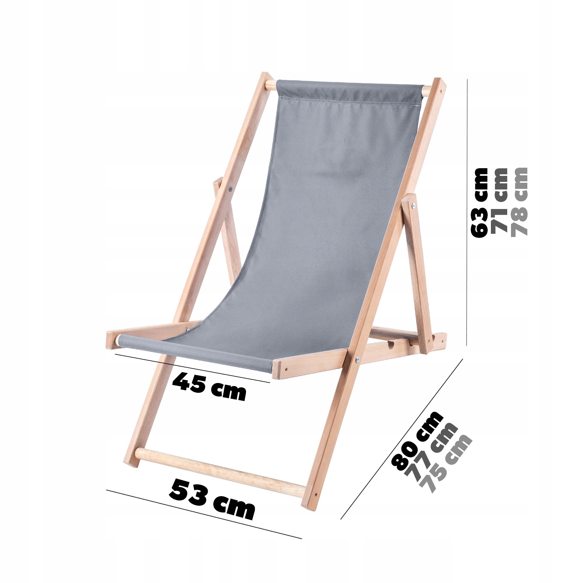 Na obrazie widoczny jest składany leżak drewniany z szarym materiałem. Obok leżaka znajdują się wymiary: 45 cm, 53 cm, 63 cm, 71 cm, 78 cm, 80 cm, 77 cm, 75 cm.