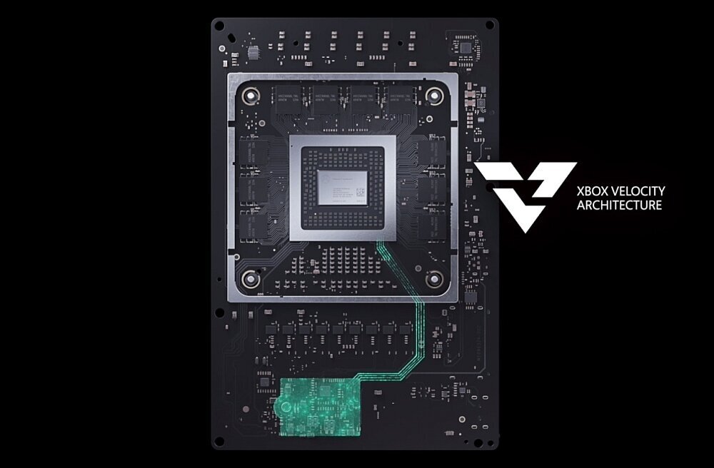 Obraz przedstawia płytę główną z widocznym procesorem w centrum. Obok znajduje się logo i napis \'XBOX VELOCITY ARCHITECTURE\'.