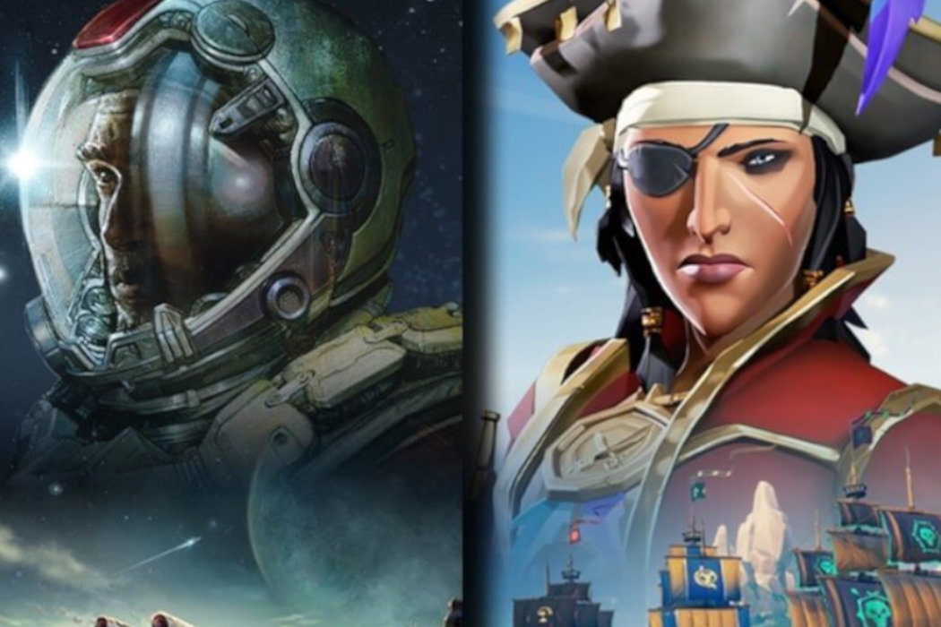 Obraz przedstawia dwie postacie z gier wideo. Po lewej stronie astronauta w hełmie, po prawej piratka z opaską na oku i kapeluszem, w tle statki na morzu.