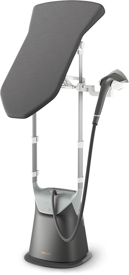 System do prasowania z deską i żelazkiem parowym w kolorze szarym. Na podstawie widoczne jest logo PHILIPS.