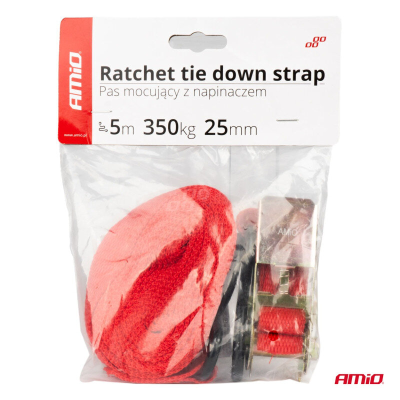 Opakowanie zawiera czerwony pas transportowy z napinaczem, oznaczone jako \'Ratchet tie down strap Pas mocujący z napinaczem\'. Na opakowaniu widnieje logo \'AMiO\' oraz informacje: 5m, 350kg, 25mm.