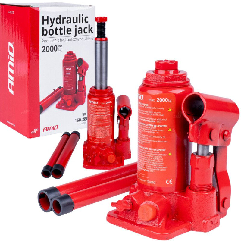 Na obrazie znajduje się czerwony podnośnik hydrauliczny słupkowy oraz jego opakowanie z napisem \'Hydraulic bottle jack Podnośnik hydrauliczny słupkowy 2000 kg\'. Widoczne są również dwie czerwone rurki oraz szczegóły techniczne na etykiecie podnośnika.