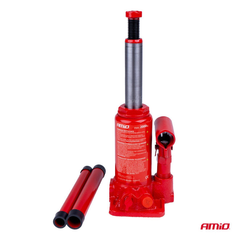 Czerwony podnośnik hydrauliczny z widocznym logo \'AMiO\' oraz tekstem \'max. 2000kg\'. Obok podnośnika znajdują się dwa czerwone elementy przypominające rury.