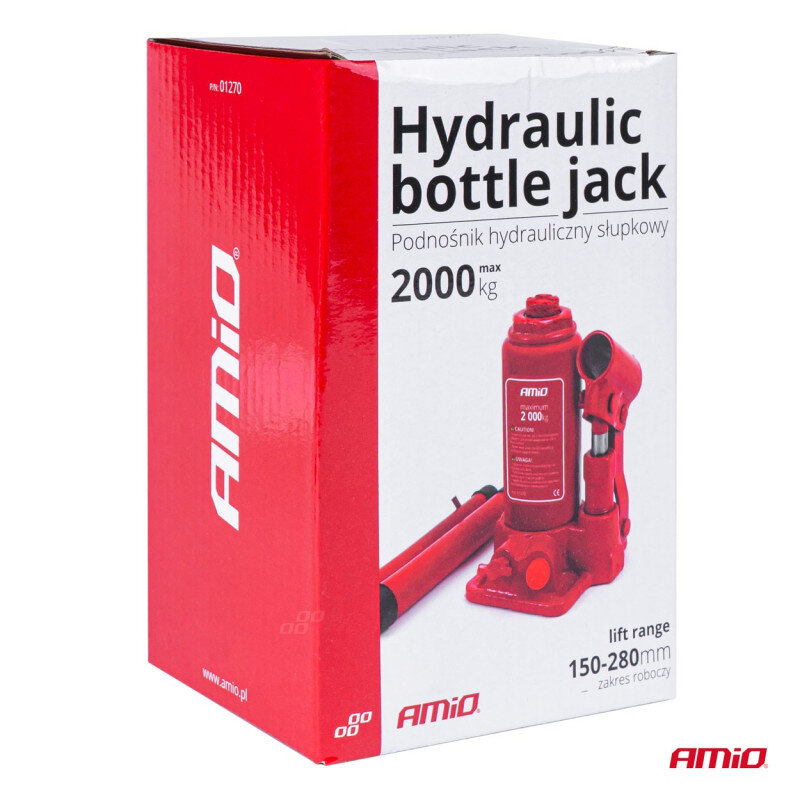 Opakowanie podnośnika hydraulicznego słupkowego o maksymalnym udźwigu 2000 kg, z zakresem roboczym 150-280 mm. Widoczne logo AMiO oraz zdjęcie czerwonego podnośnika.