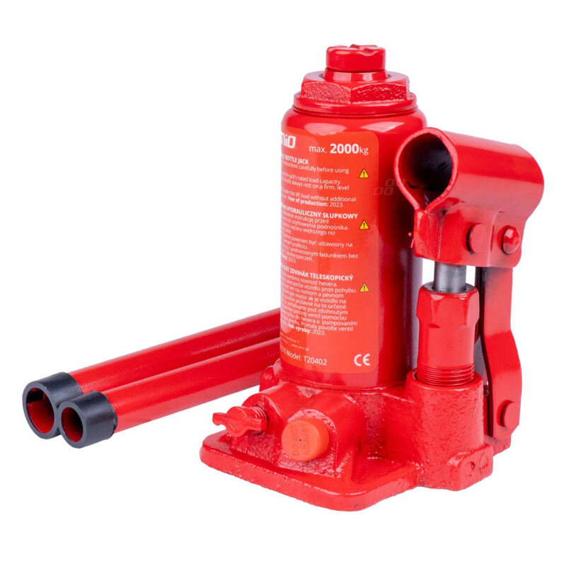 Czerwony podnośnik hydrauliczny z widocznym tekstem \'max. 2000kg\' oraz instrukcjami użytkowania na korpusie. Produkt posiada dwie rury i jest oznaczony symbolem CE oraz modelem T20402.