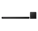 148x120 hw-q800f 001 set-front black Czarny soundbar z prostokątnym subwooferem, oba elementy mają minimalistyczny design.