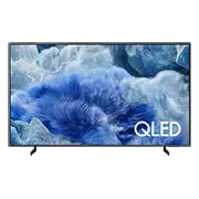 180x180-q8faau Telewizor z dużym ekranem wyświetlający abstrakcyjny obraz w odcieniach niebieskiego i białego. W prawym dolnym rogu widoczny jest napis \'QLED\'.