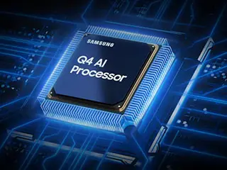 320x240-q4-ai-processor Obraz przedstawia procesor z napisem \'SAMSUNG Q4 AI Processor\' na tle niebieskich, świecących obwodów elektronicznych.