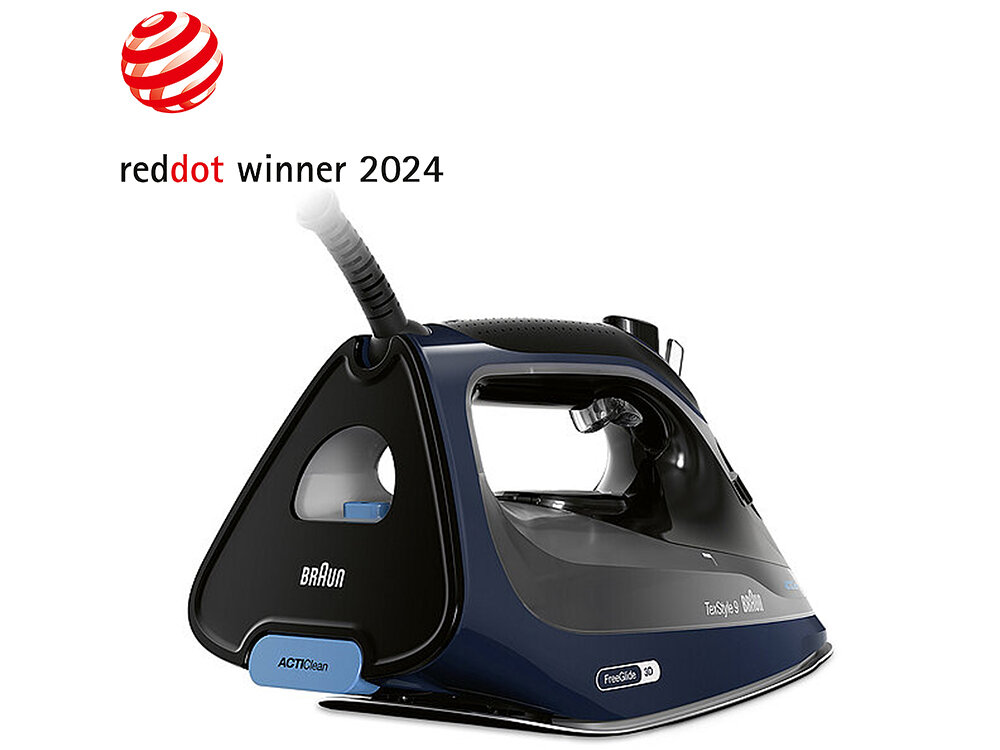 Na obrazie widoczne jest żelazko z napisem \'TexStyle 9\' oraz logo \'BRAUN\'. Nad żelazkiem znajduje się tekst \'reddot winner 2024\'.