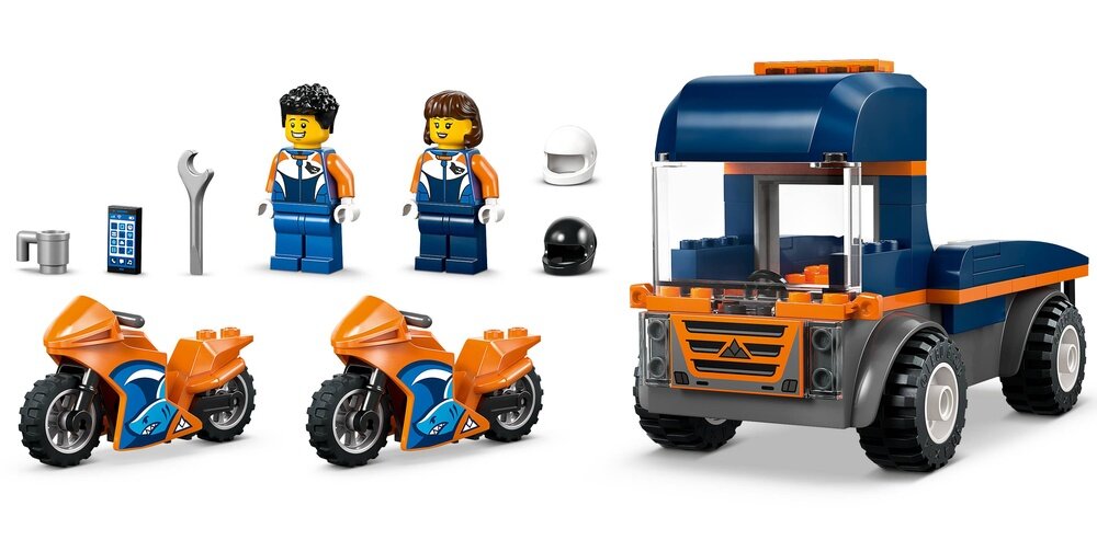 Zestaw LEGO składający się z dwóch pomarańczowych motocykli, niebiesko-pomarańczowej lawety oraz dwóch figurek w niebiesko-białych strojach. Dodatkowo widoczne są akcesoria: klucz, kubek, telefon, biały i czarny kask.