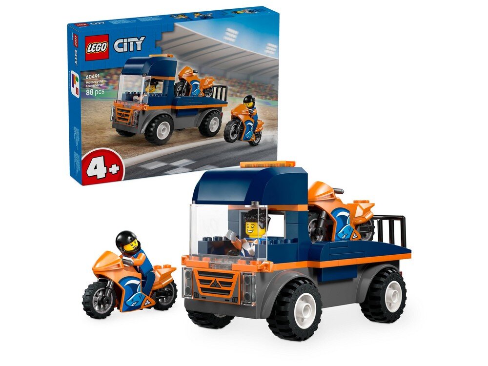 Zestaw LEGO City z lawetą dla motocykli, zawierający ciężarówkę z miejscem na motocykl oraz figurkę motocyklisty. Na opakowaniu widnieje napis \'LEGO City 60491 88 pcs\'.
