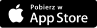 Czarne logo z białym napisem \'Pobierz w App Store\' oraz symbolem nadgryzionego jabłka po lewej stronie.